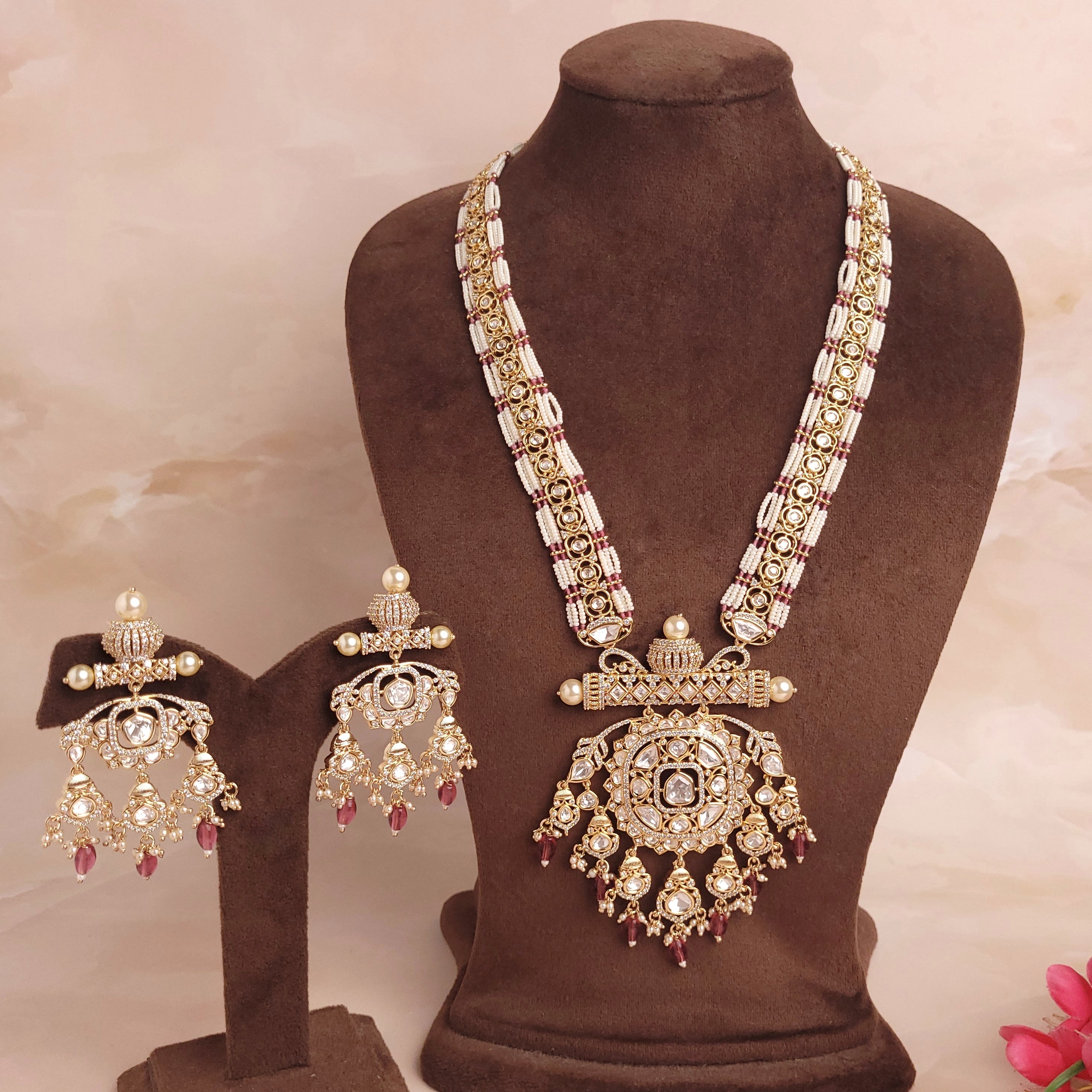 Royal Polki Kundan Long Necklace Set With Green / Ruby Beads - Polki Bliss