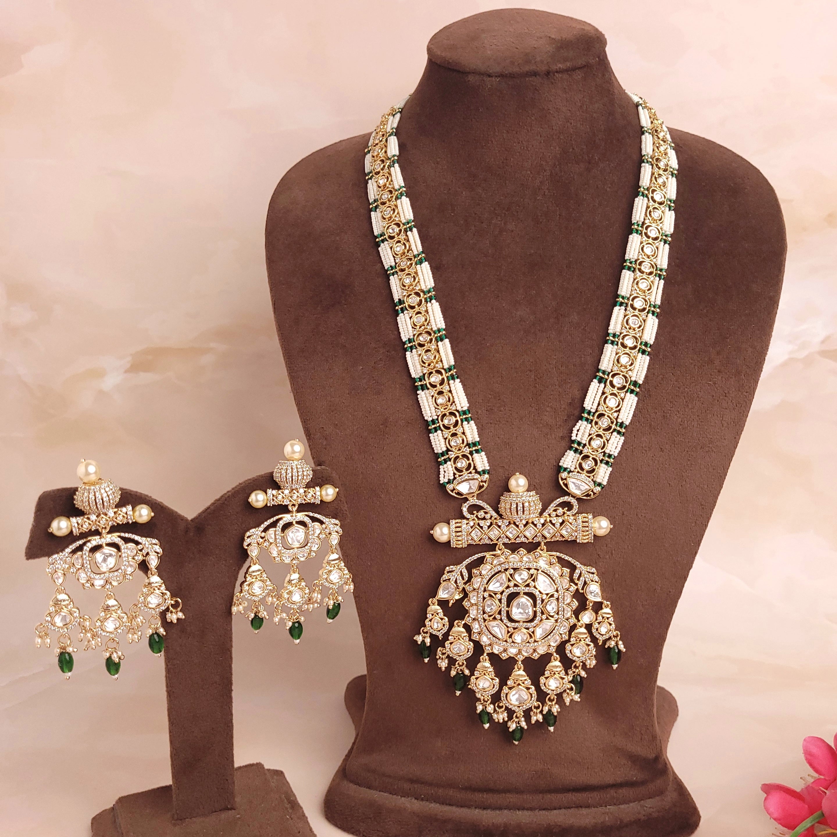 Royal Polki Kundan Long Necklace Set With Green / Ruby Beads - Polki Bliss