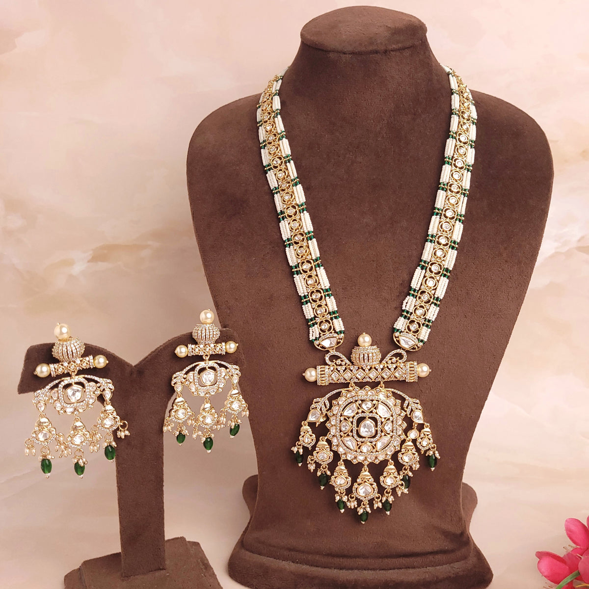 Royal Polki Kundan Long Necklace Set With Green / Ruby Beads - Polki Bliss