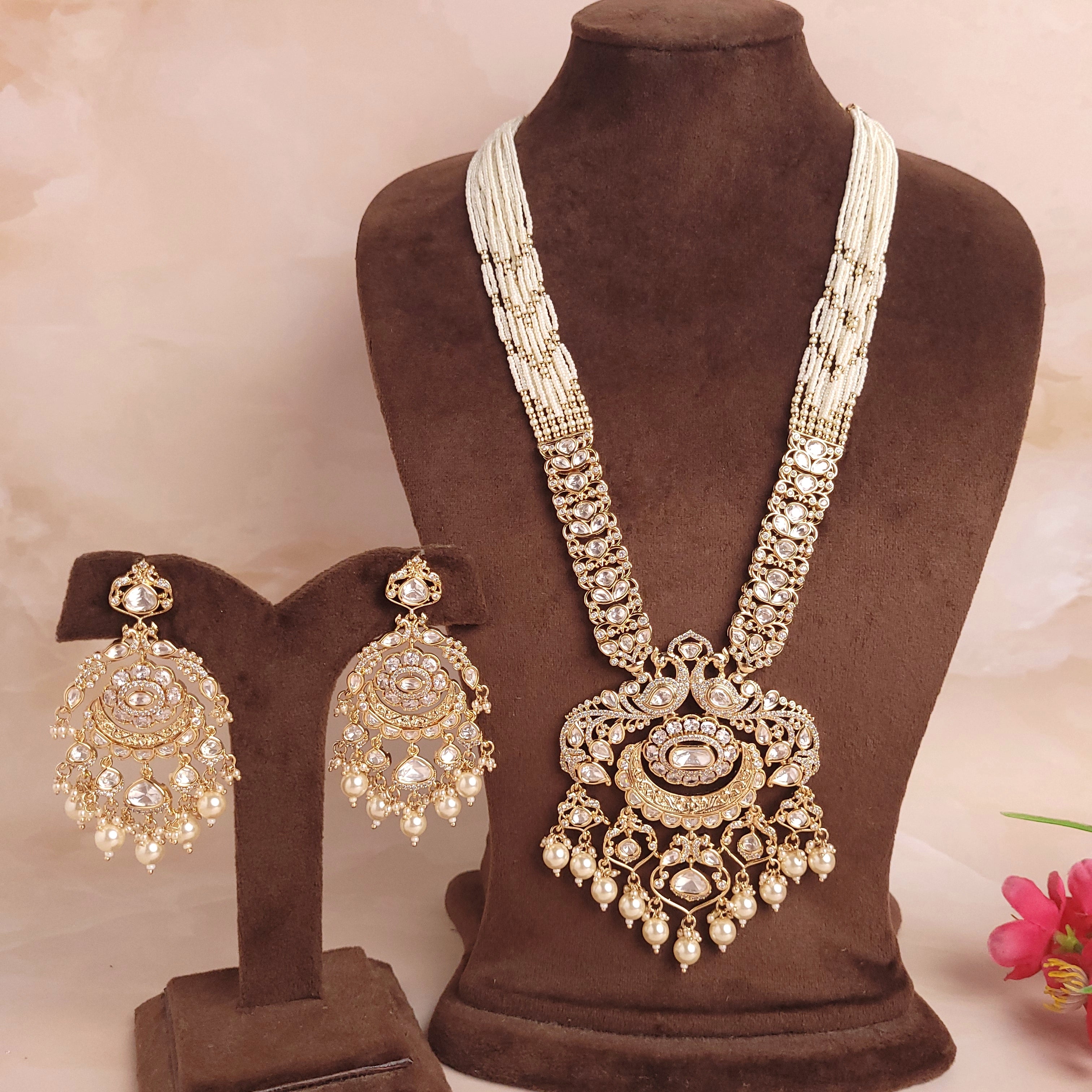 Royal Polki Kundan Long Necklace Set With Gold / Ruby Beads - Polki Bliss