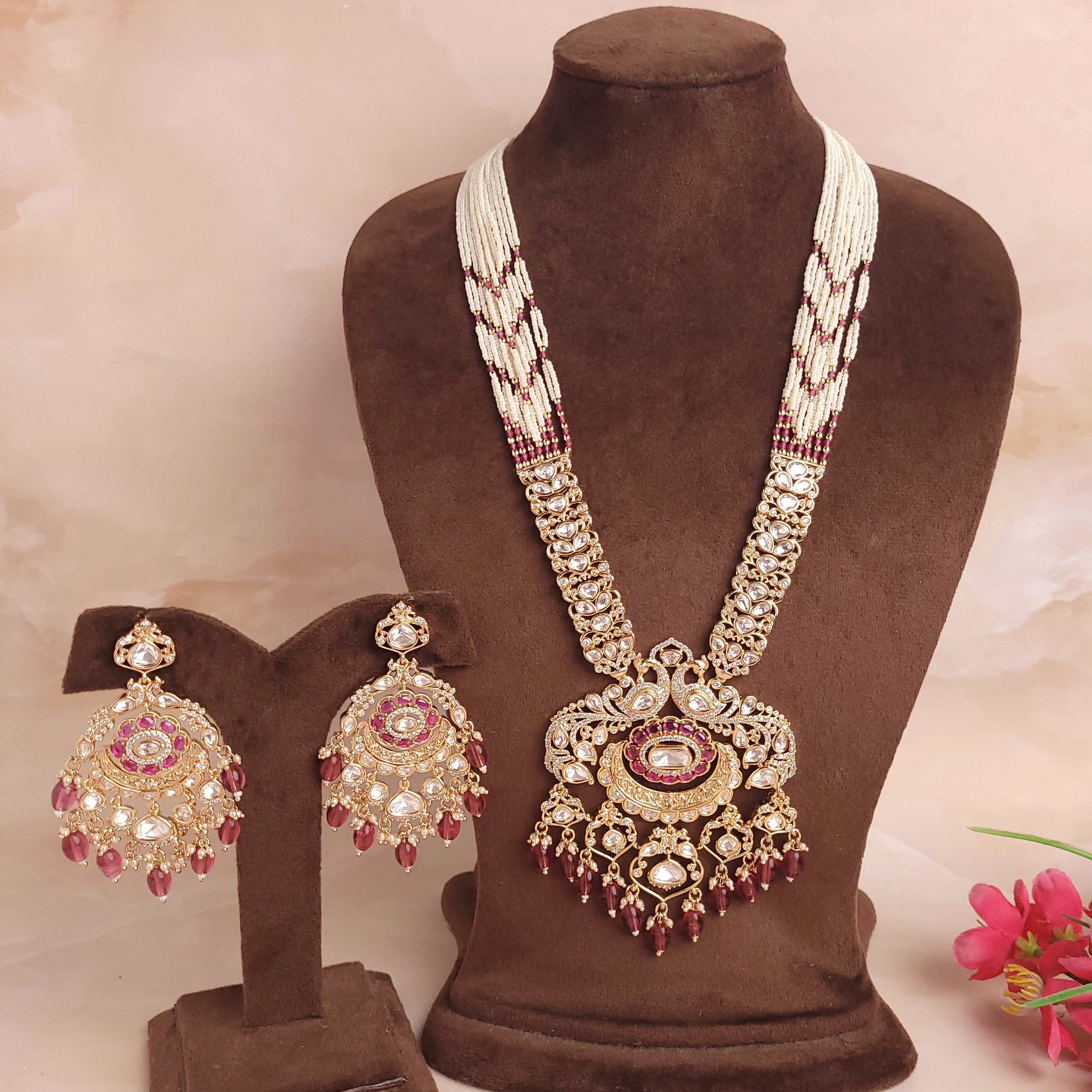 Royal Polki Kundan Long Necklace Set With Gold / Ruby Beads - Polki Bliss