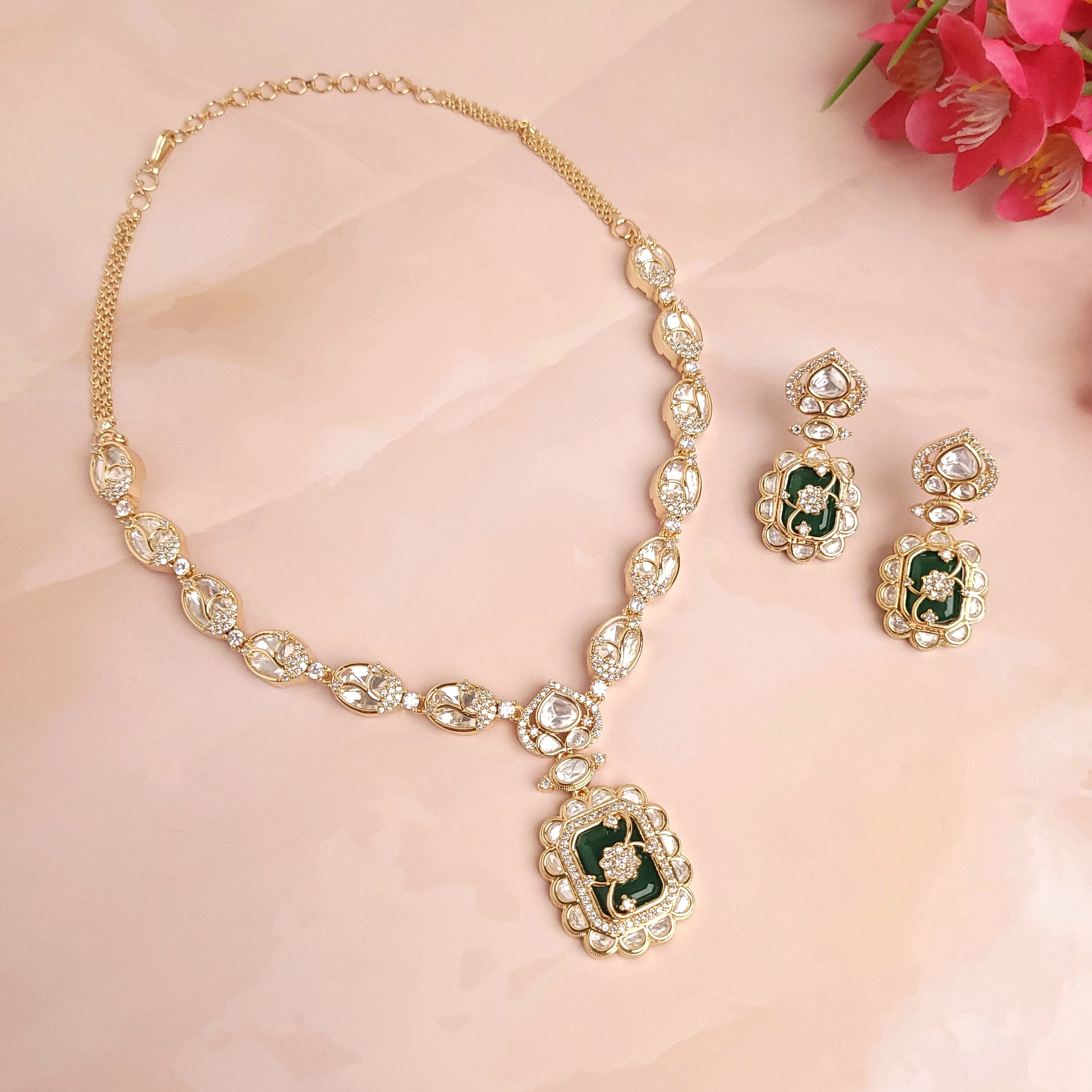 Floral Victorian Green \ Marron \ Peach Necklace Set - Polki Bliss