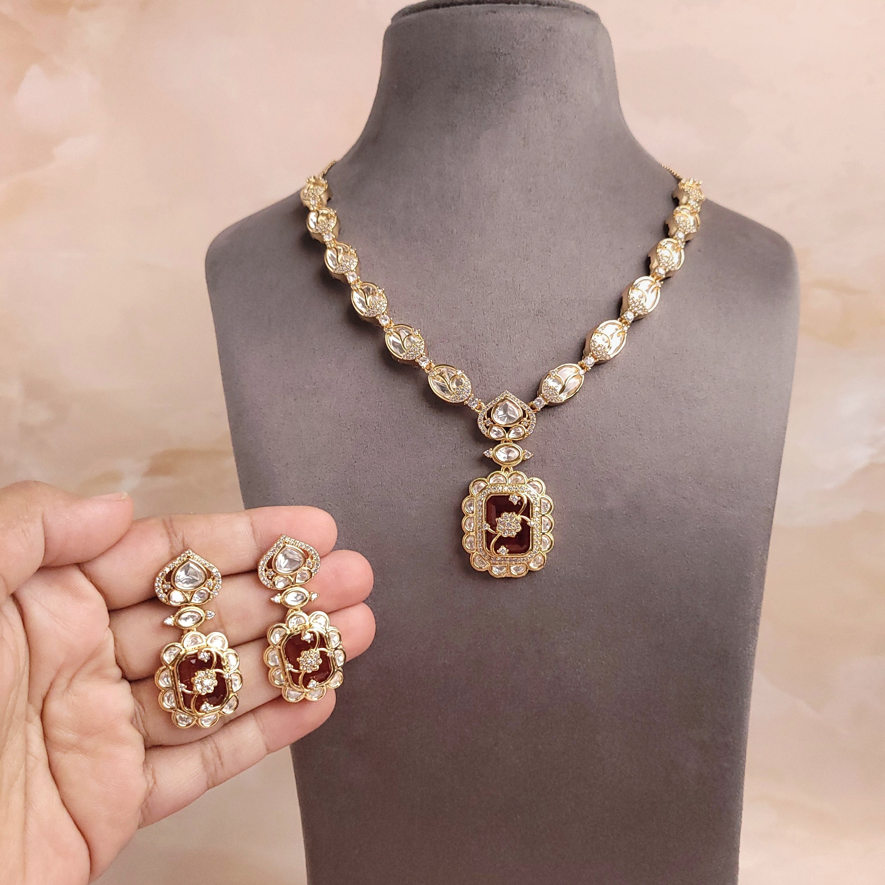 Floral Victorian Green \ Marron \ Peach Necklace Set - Polki Bliss