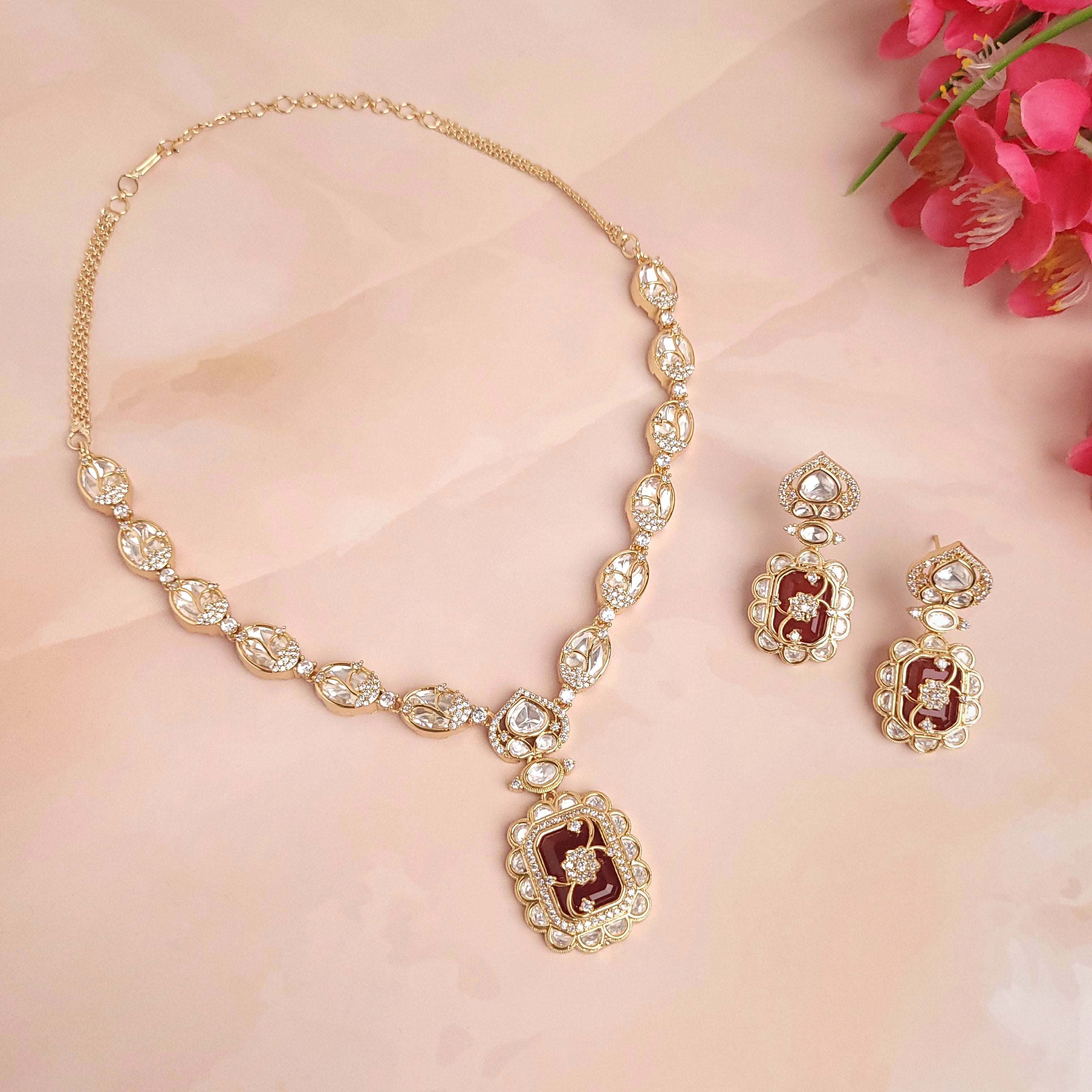 Floral Victorian Green \ Marron \ Peach Necklace Set - Polki Bliss