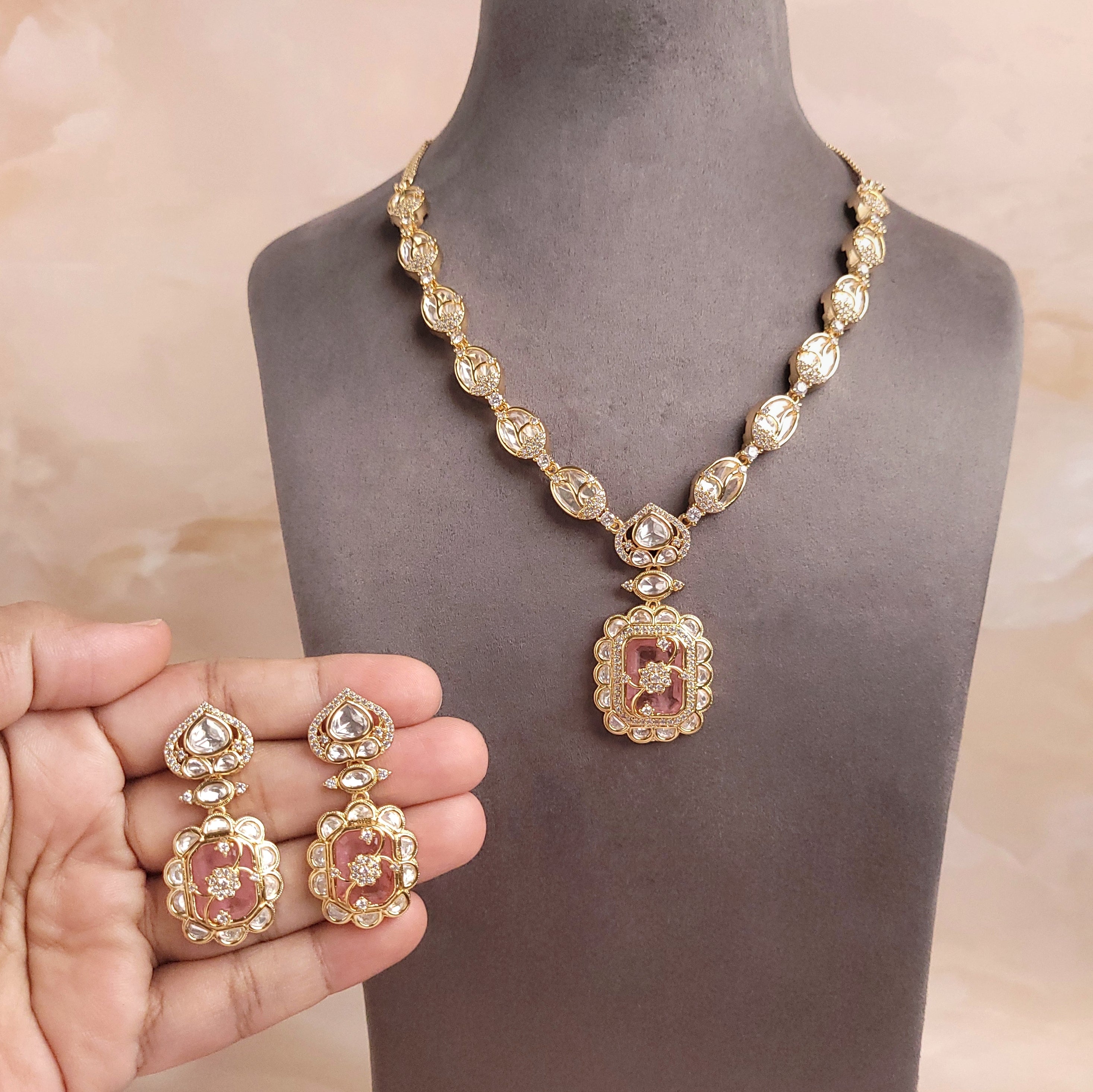 Floral Victorian Green \ Marron \ Peach Necklace Set - Polki Bliss