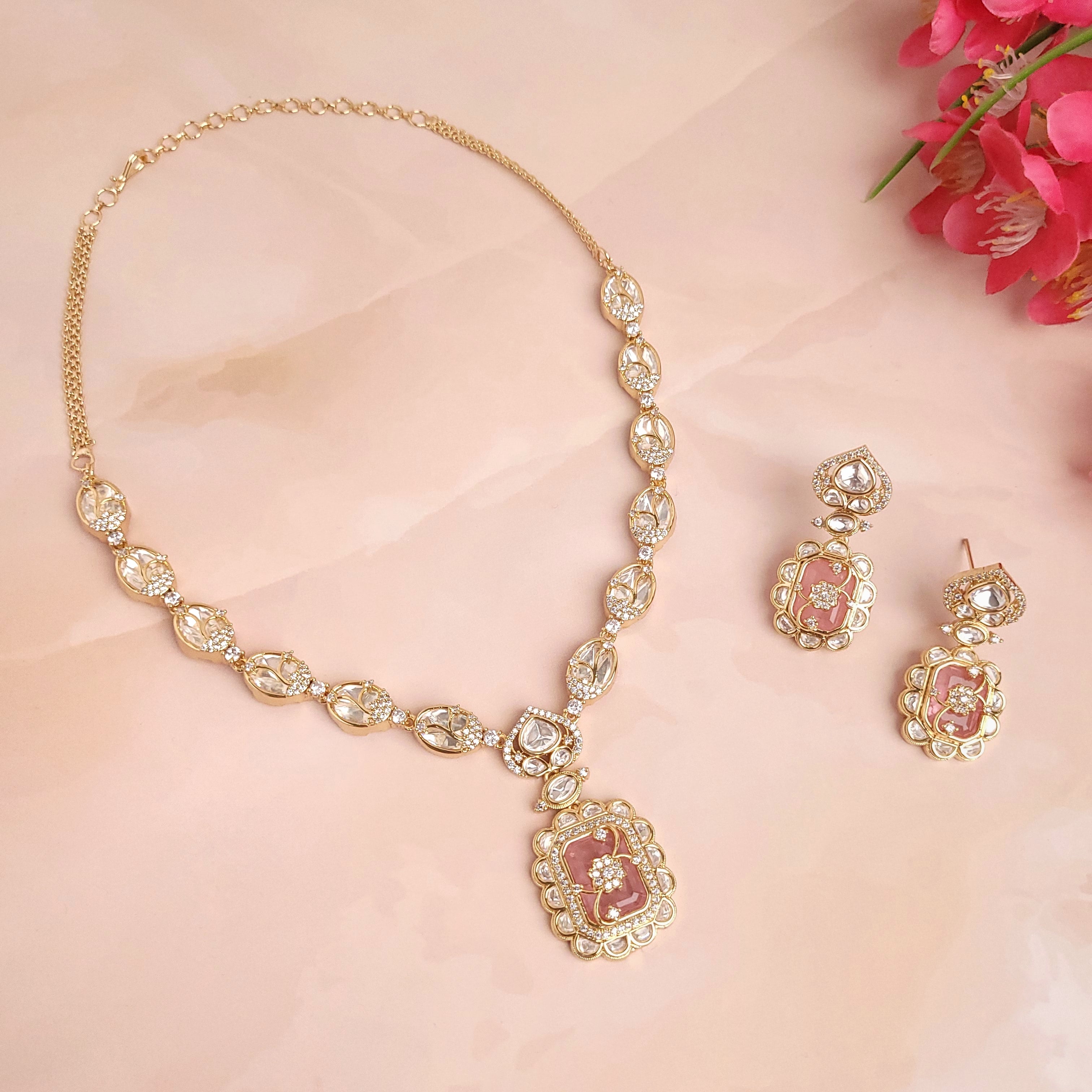 Floral Victorian Green \ Marron \ Peach Necklace Set - Polki Bliss