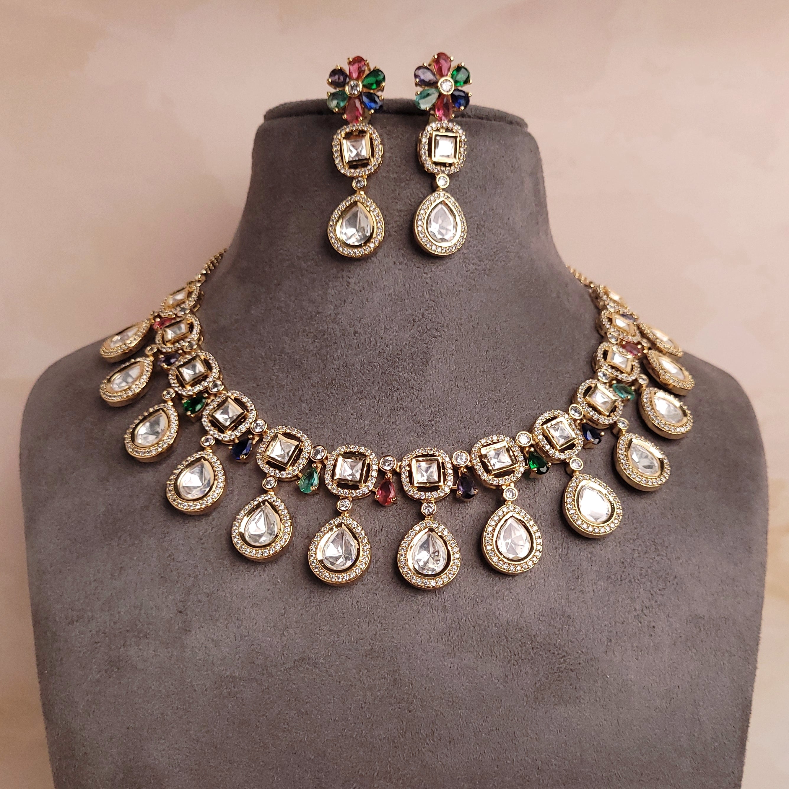 Luxurious Polki Kundan Jadau Necklace Set | Designer Bridal Jewellery - Polki Bliss