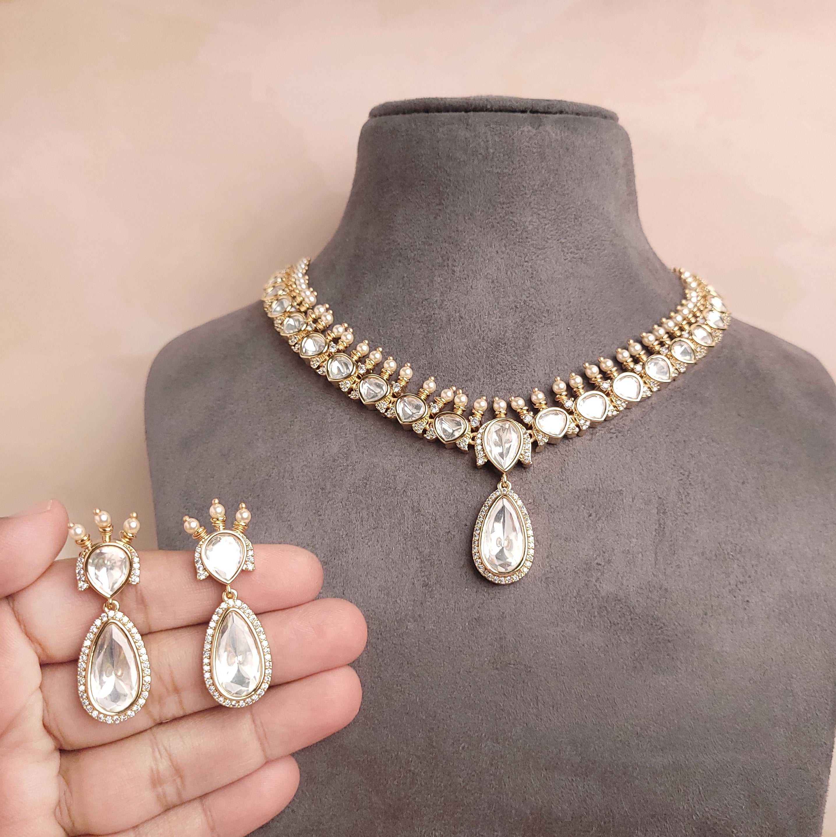 Stunning Polki Kundan Jewellery Set | Handcrafted Wedding Necklace Set - Polki Bliss