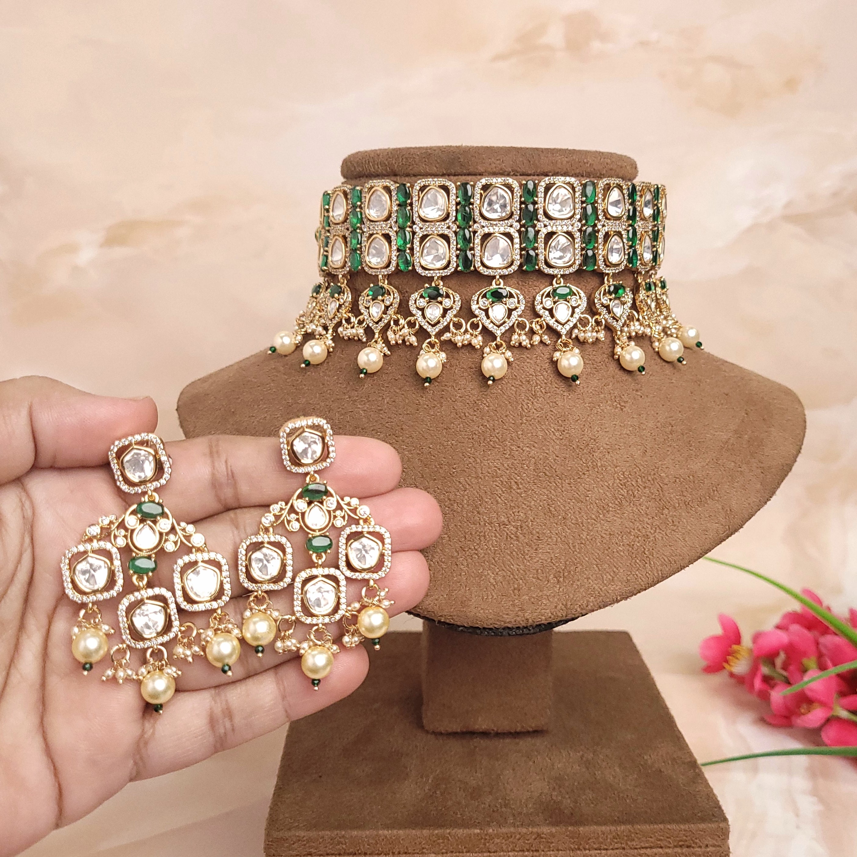 Luxirious Polki Kundan CZ Studded Pearl / Green / Ruby Indian Choker Set - Polki Bliss