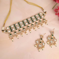 Luxirious Polki Kundan CZ Studded Pearl / Green / Ruby Indian Choker Set - Polki Bliss