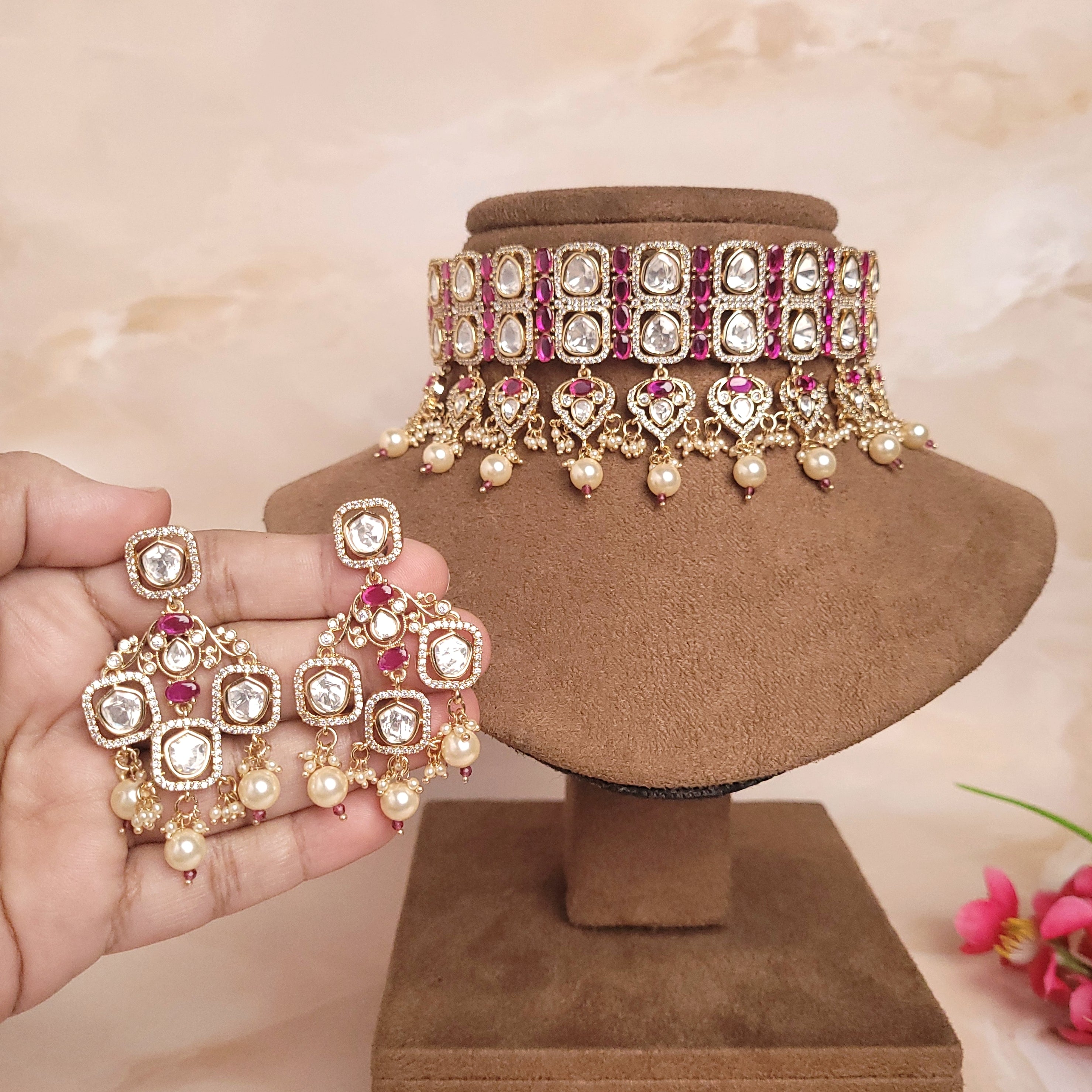 Luxirious Polki Kundan CZ Studded Pearl / Green / Ruby Indian Choker Set - Polki Bliss