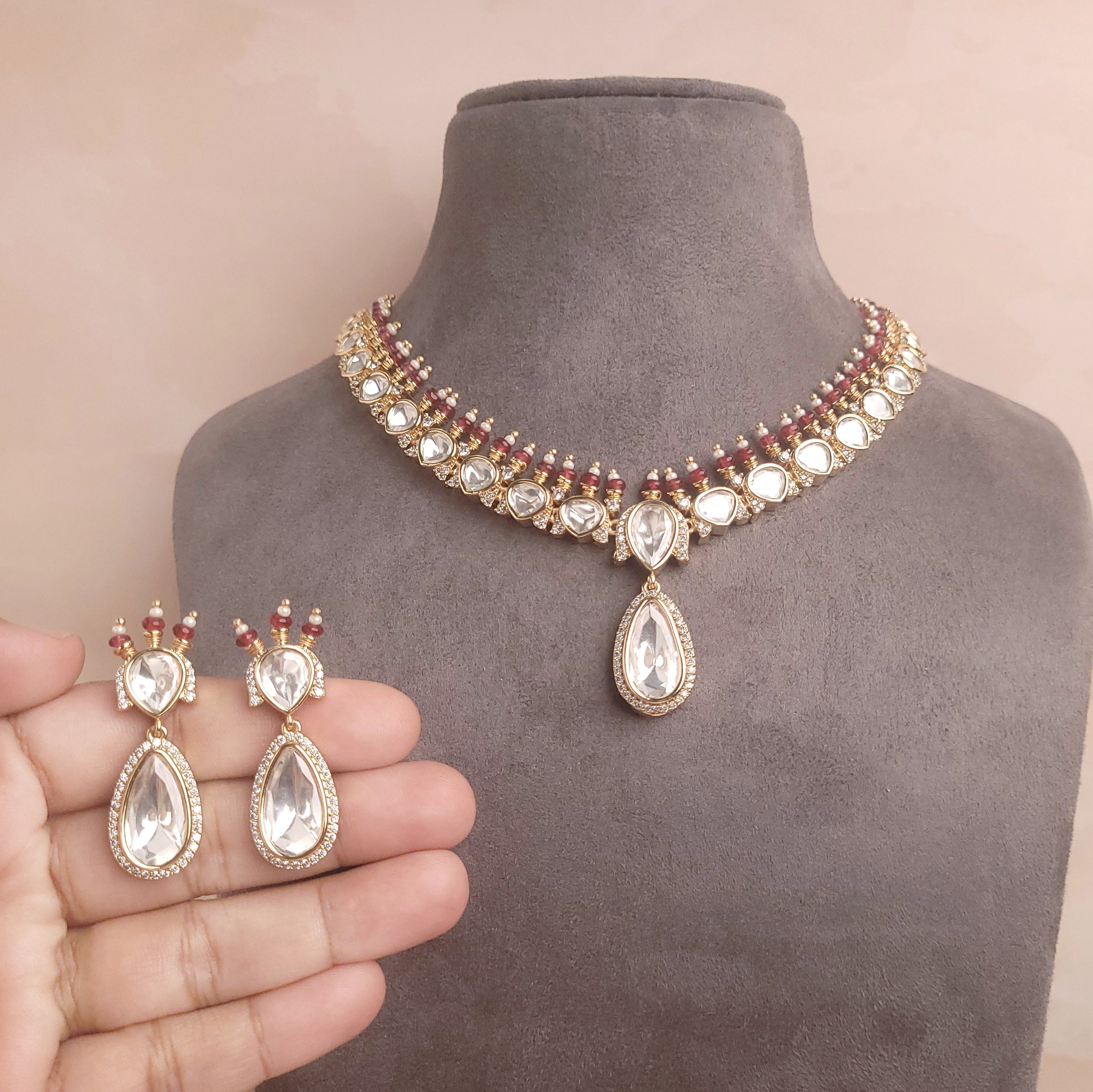 Stunning Polki Kundan Jewellery Set | Handcrafted Wedding Necklace Set - Polki Bliss