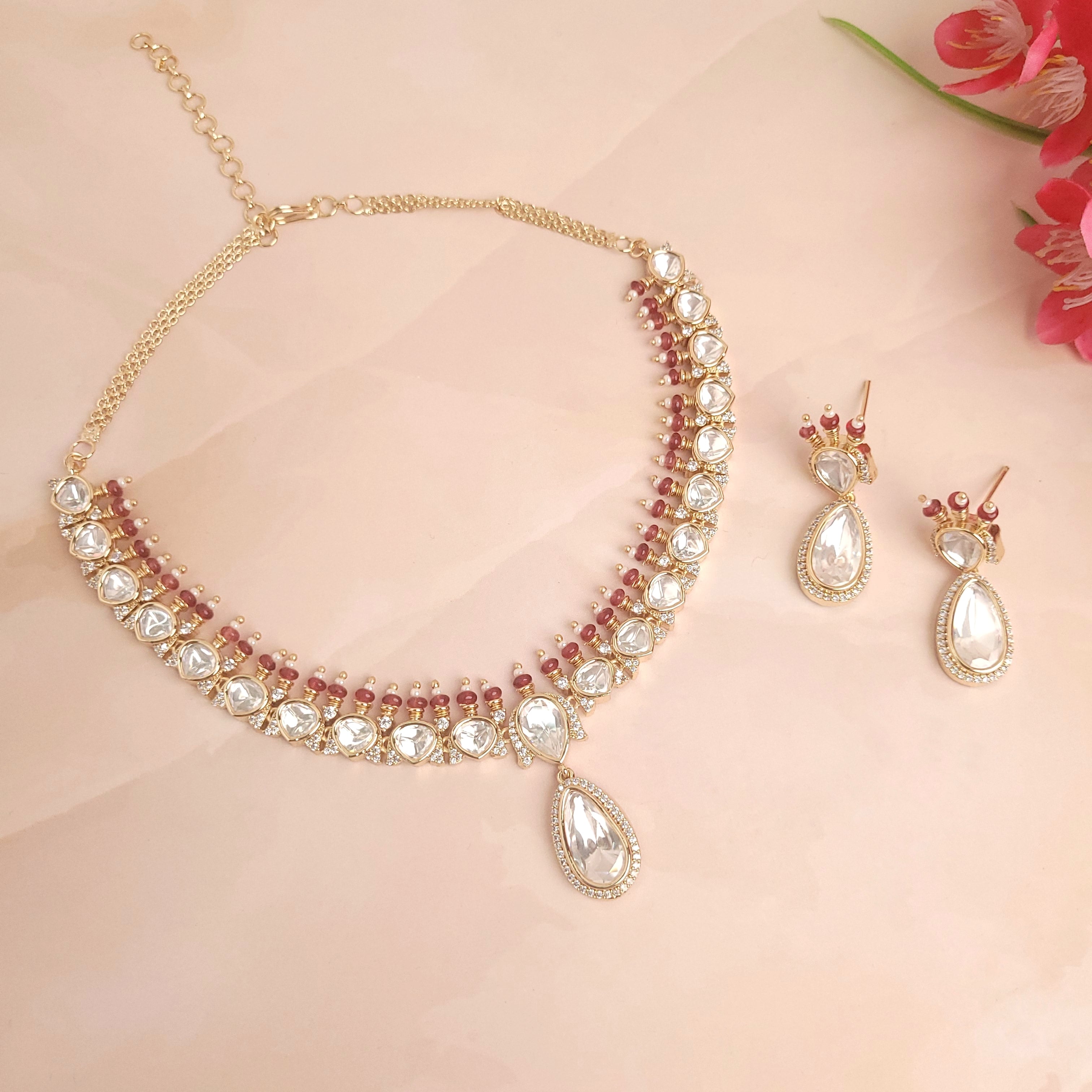 Stunning Polki Kundan Jewellery Set | Handcrafted Wedding Necklace Set - Polki Bliss