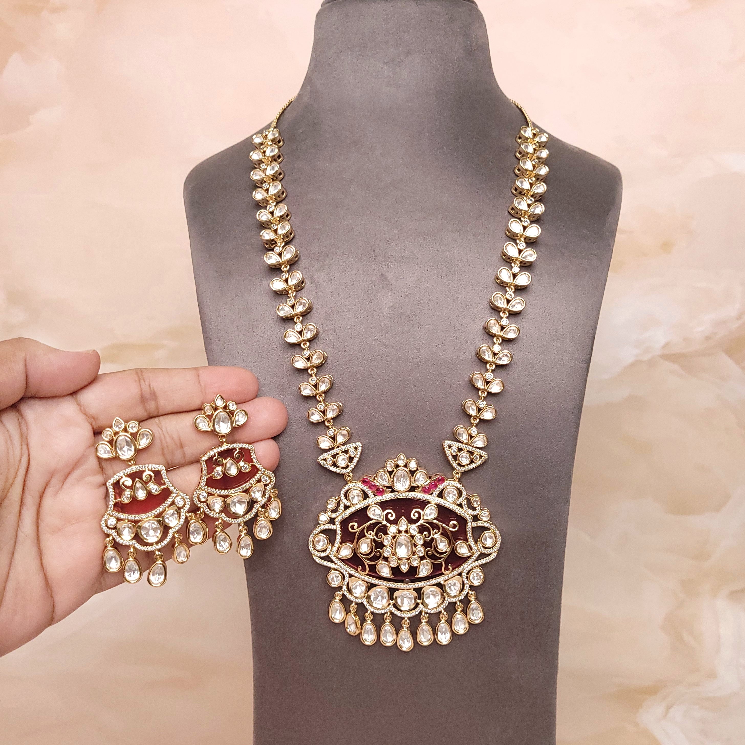 Polki Kundan Long Necklace Set with Earrings - Polki Bliss