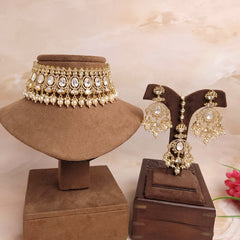 Gold Finish Zircon And Polki Choker Necklace with Tikka - Polki Bliss