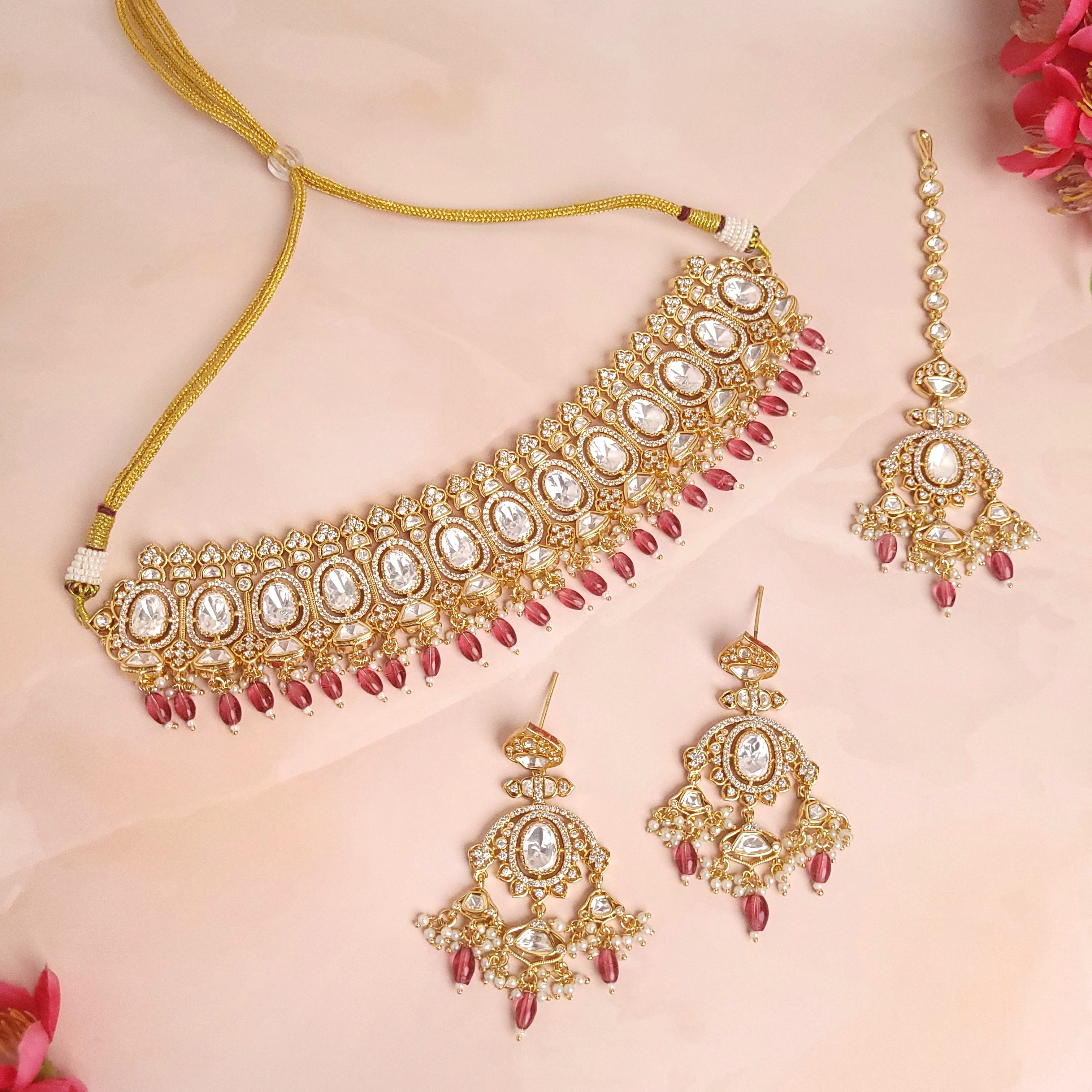 Gold Finish Zircon And Polki Choker Necklace with Tikka - Polki Bliss