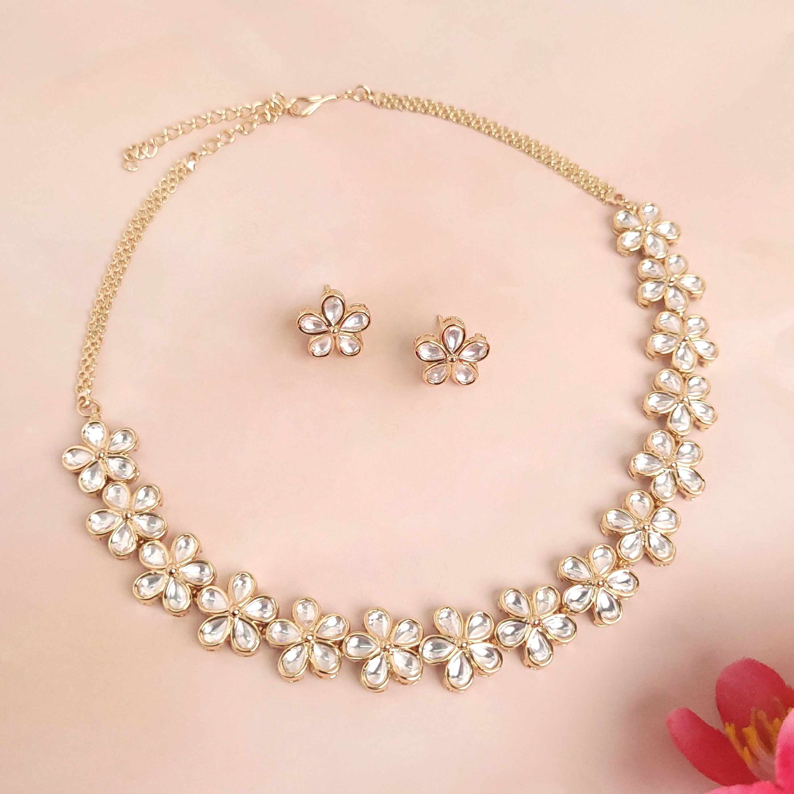 Elegant Flower Design Short Polki Jewelry Set - Polki Bliss