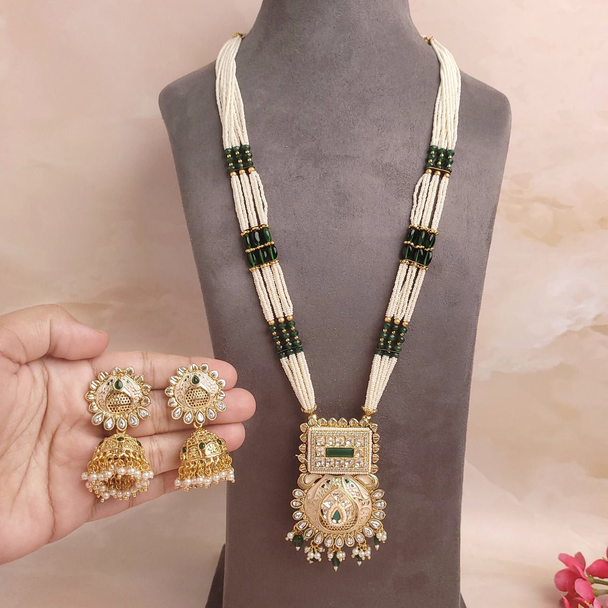 Majestic Multi-String Polki Kundan Long Jewellery Set - Polki Bliss