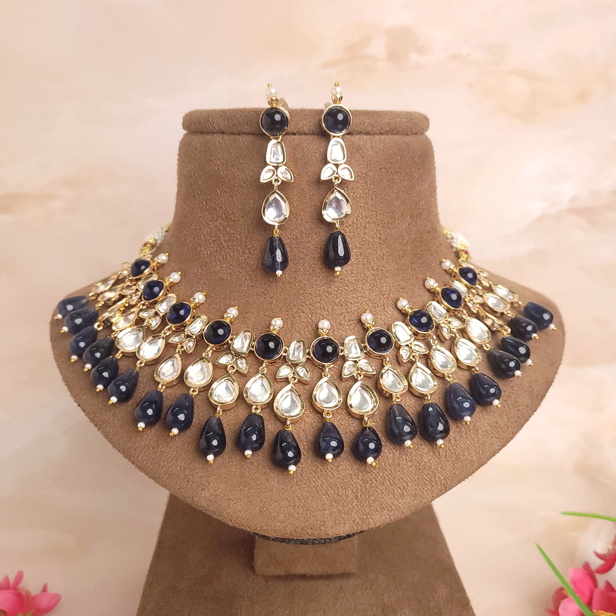 Statement American Diamond Studded Polki Kundan Jewelry Set With Monalisa Drops - Polki Bliss