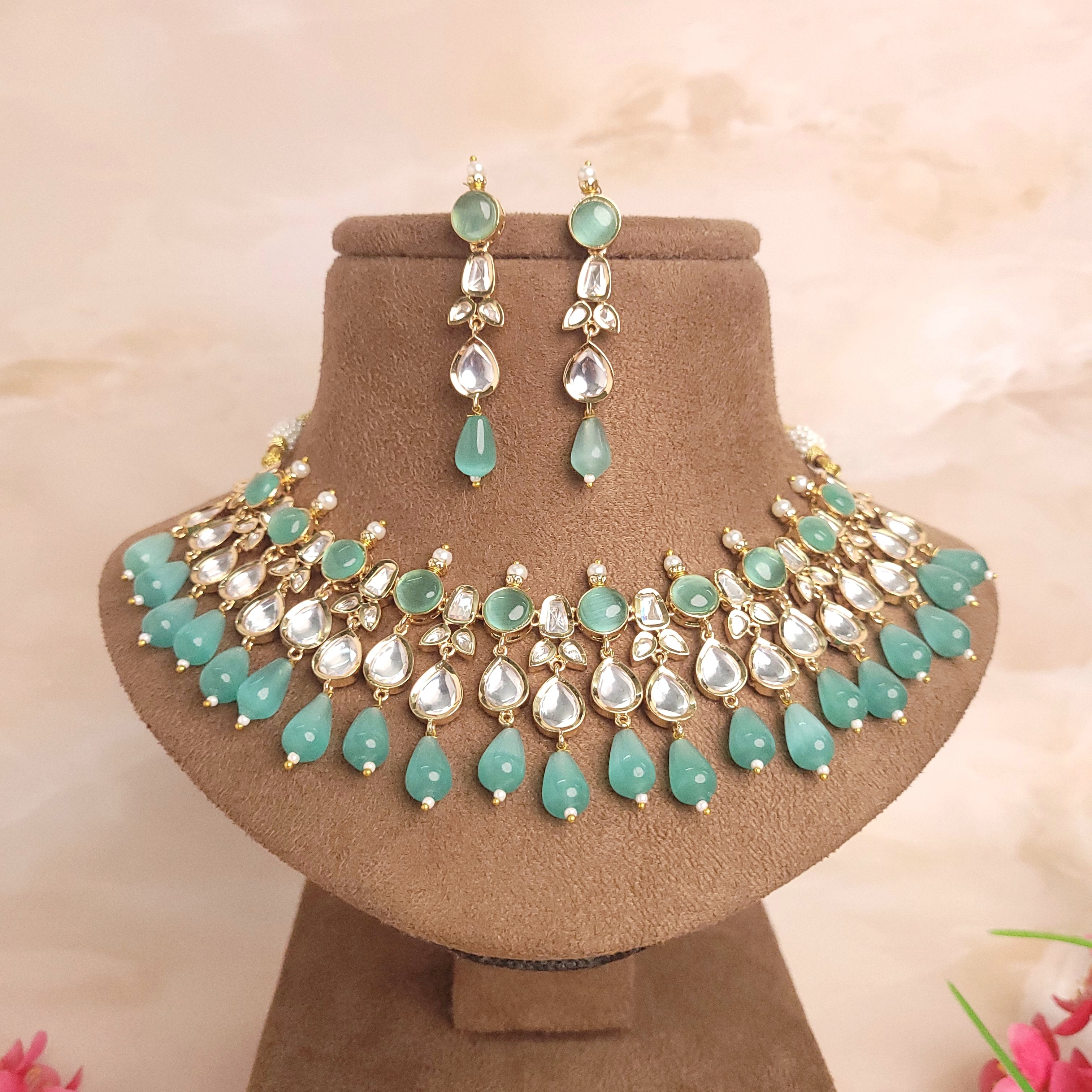 Statement American Diamond Studded Polki Kundan Jewelry Set With Monalisa Drops - Polki Bliss