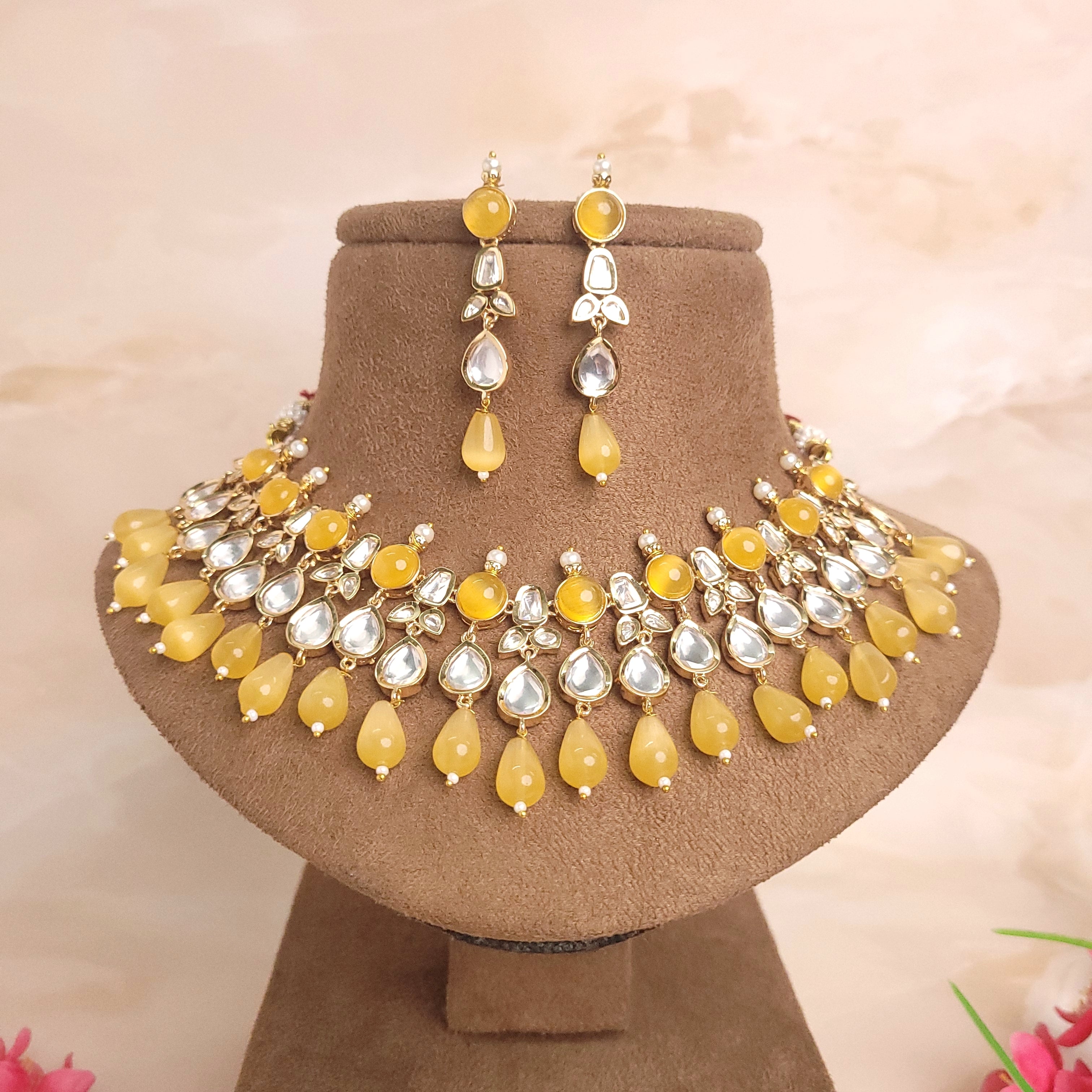 Statement American Diamond Studded Polki Kundan Jewelry Set With Monalisa Drops - Polki Bliss