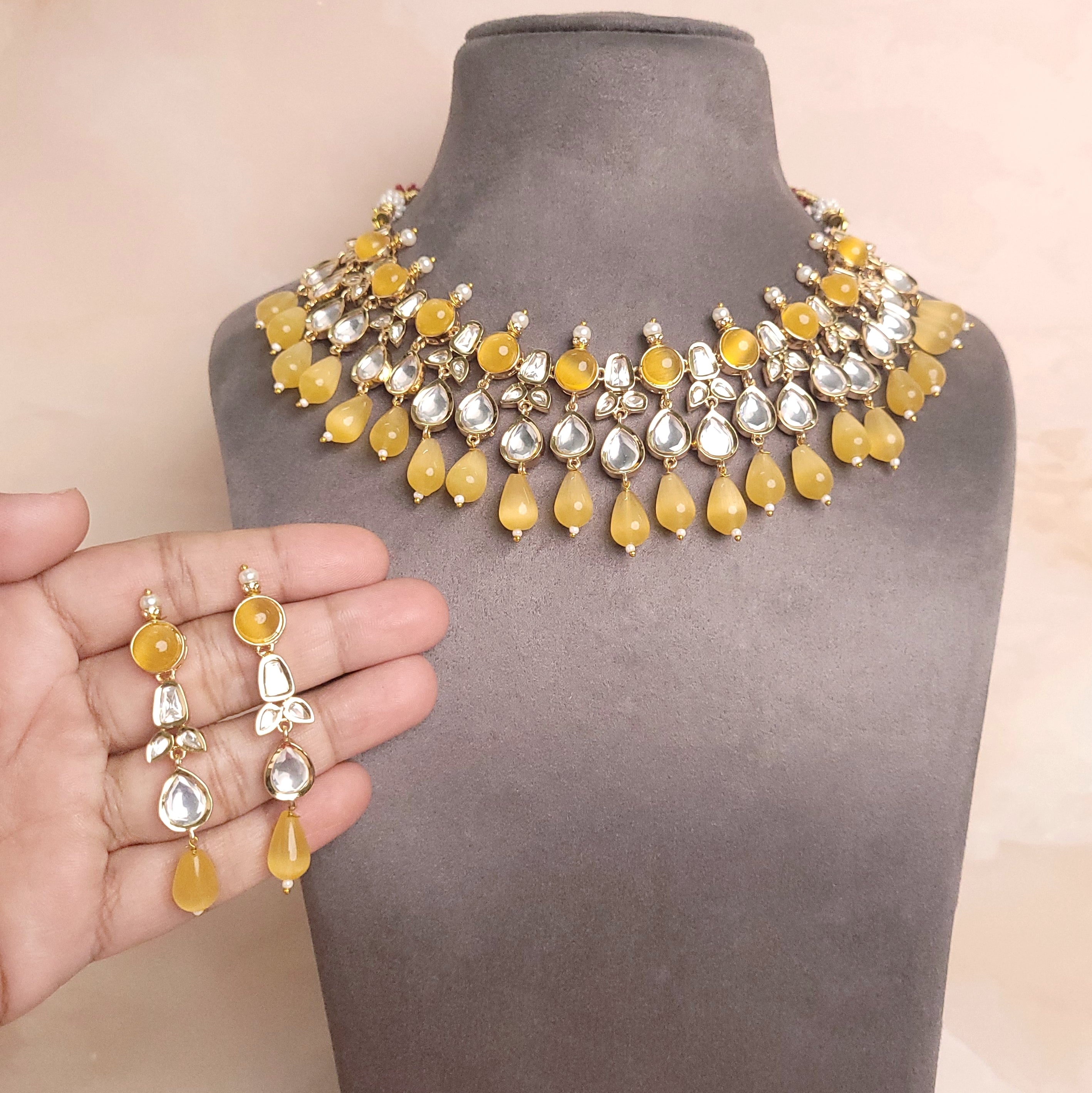 Statement American Diamond Studded Polki Kundan Jewelry Set With Monalisa Drops - Polki Bliss