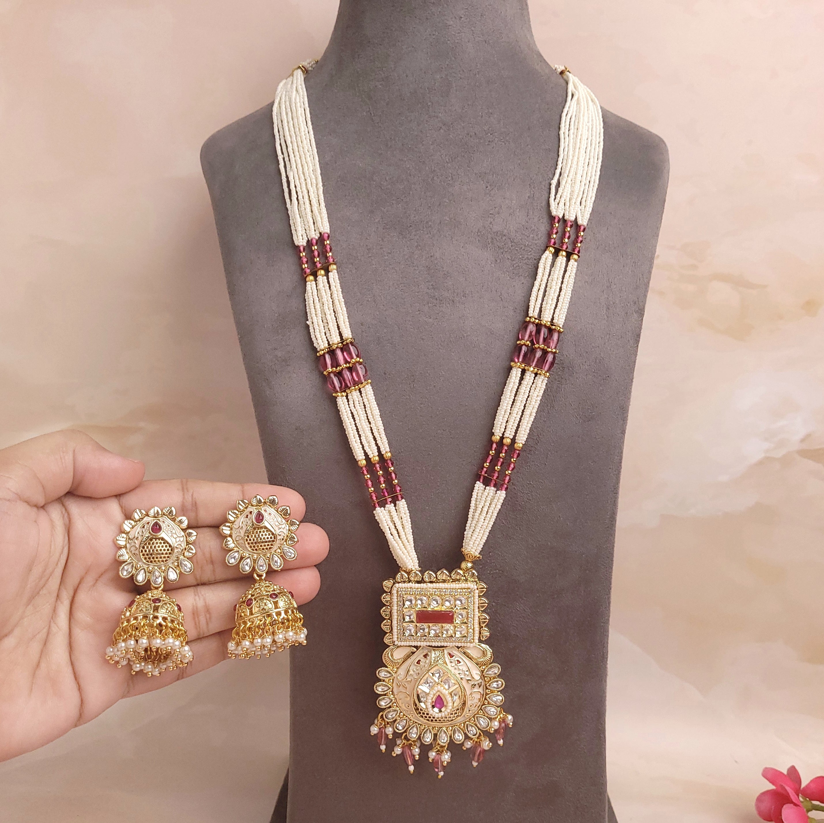 Majestic Multi-String Polki Kundan Long Jewellery Set - Polki Bliss