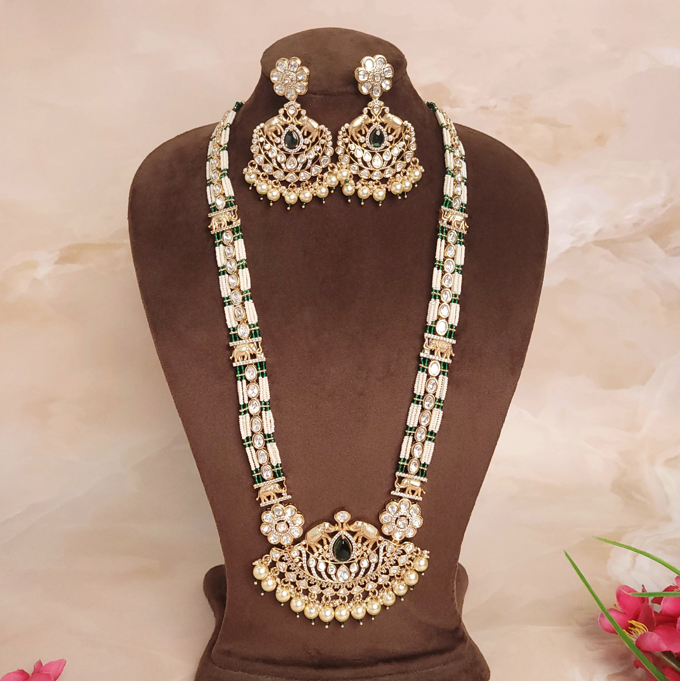 Exclusive Long Polki & Pearl Rajwadi Indian Jewelry Set - Polki Bliss