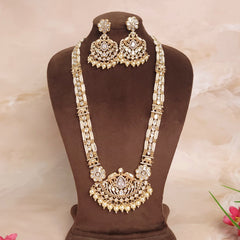 Exclusive Long Polki & Pearl Rajwadi Indian Jewelry Set - Polki Bliss