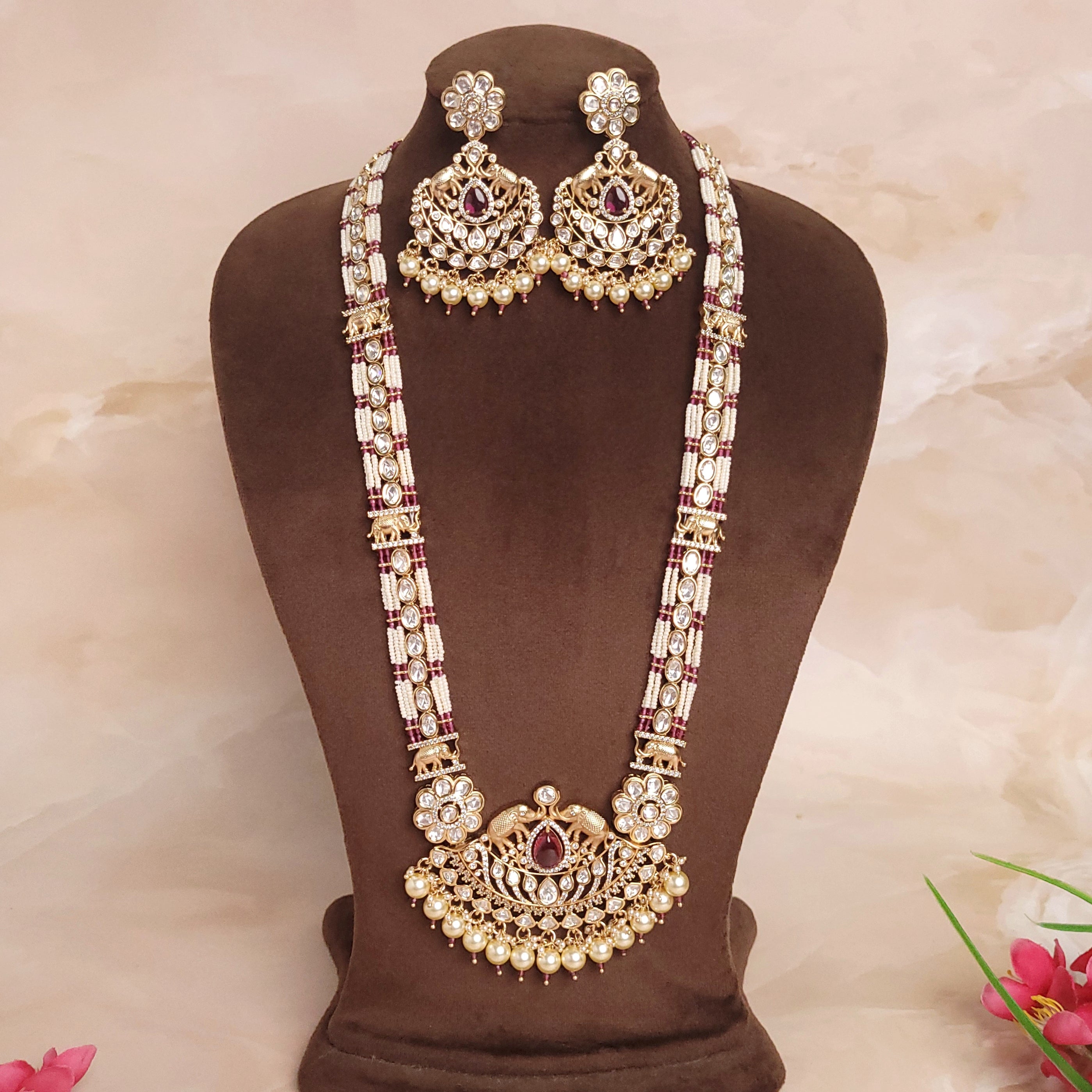 Exclusive Long Polki & Pearl Rajwadi Indian Jewelry Set - Polki Bliss