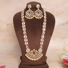 Exclusive Long Polki & Pearl Rajwadi Indian Jewelry Set - Polki Bliss