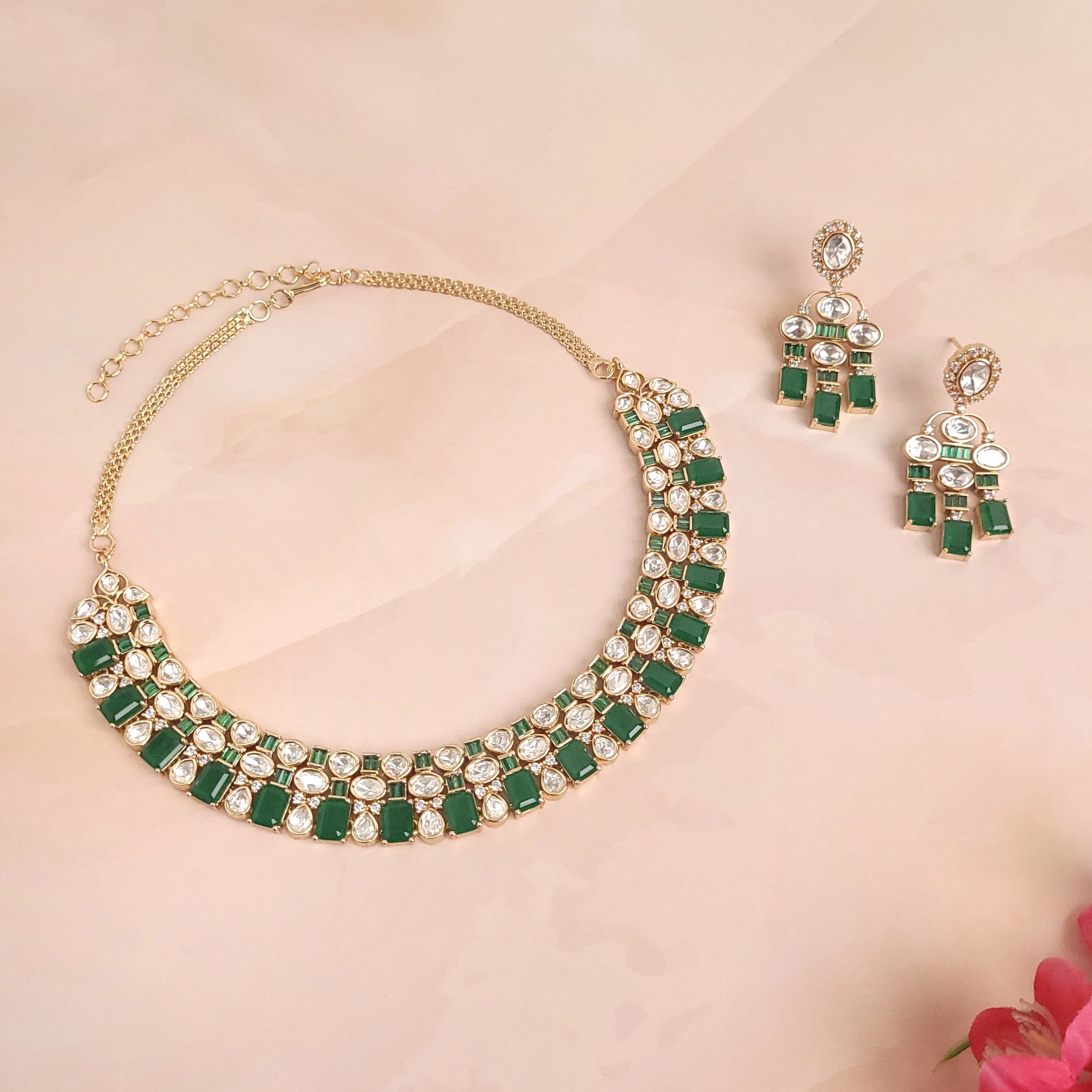 Elegant Stone Studded Polki Kundan Jewellery Set - Polki Bliss