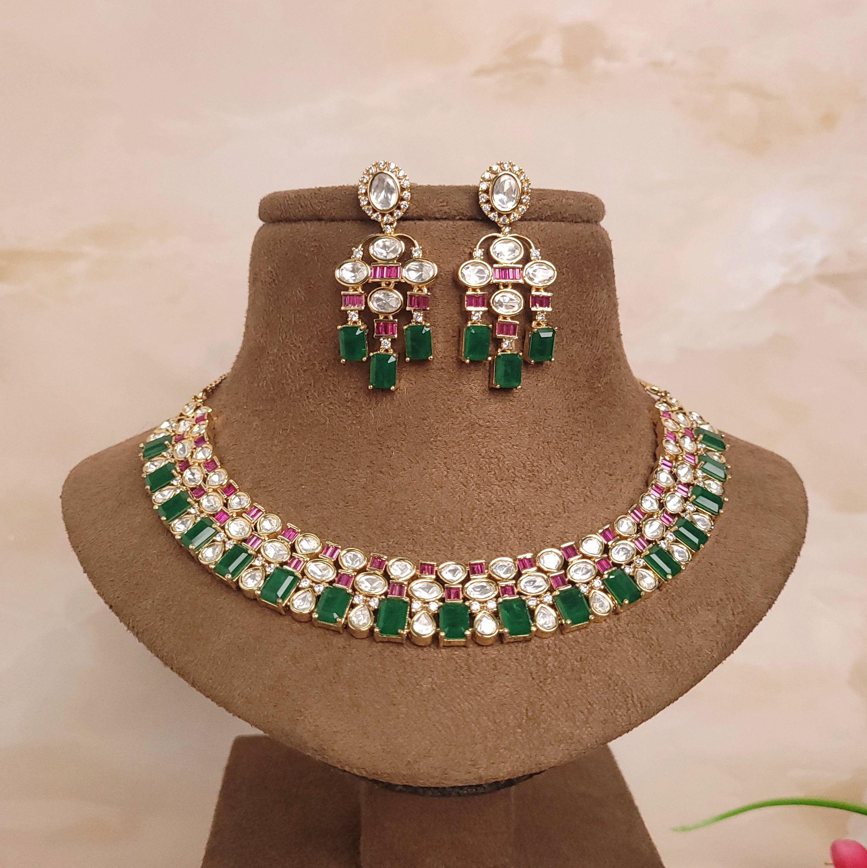 Elegant Stone Studded Polki Kundan Jewellery Set - Polki Bliss