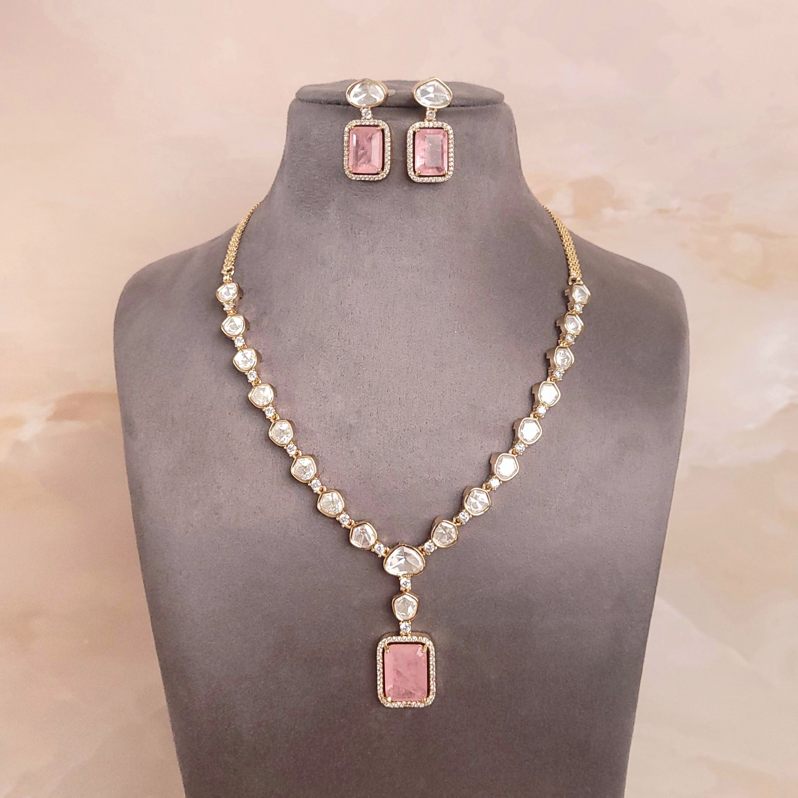 Radiant Pink Kundan Jewelry Set - Sparkle for Festivals and Parties with Gold Plated Brass