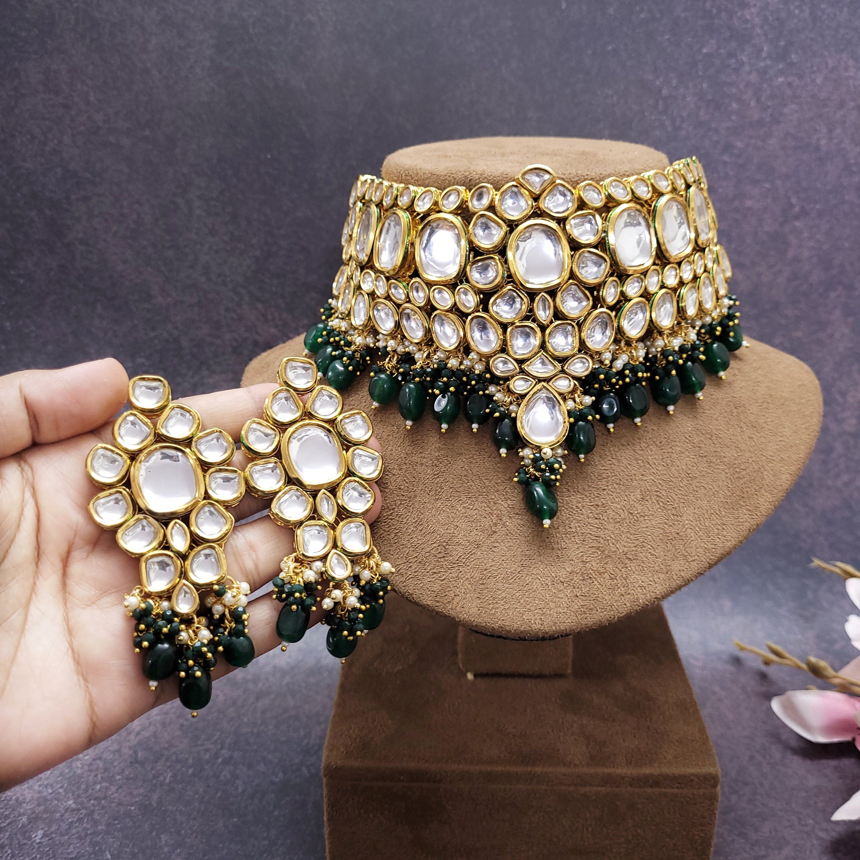 Kundan Choker Set / Bridal Set / Green Beaded Choker Set / Partywear Choker Set / Wedding Necklace Set - Polki Bliss