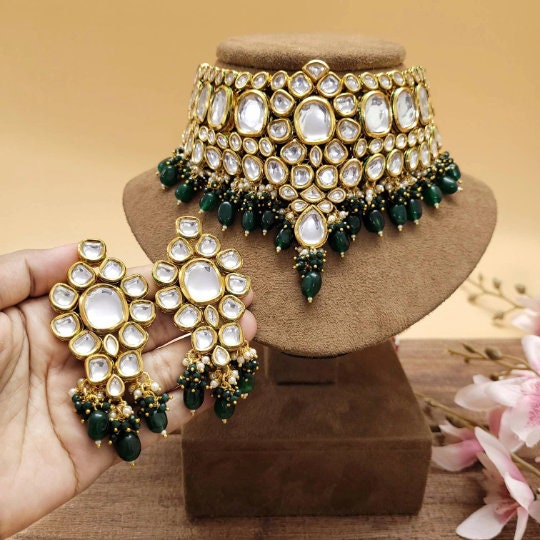 Kundan Choker Set / Bridal Set / Green Beaded Choker Set / Partywear Choker Set / Wedding Necklace Set - Polki Bliss