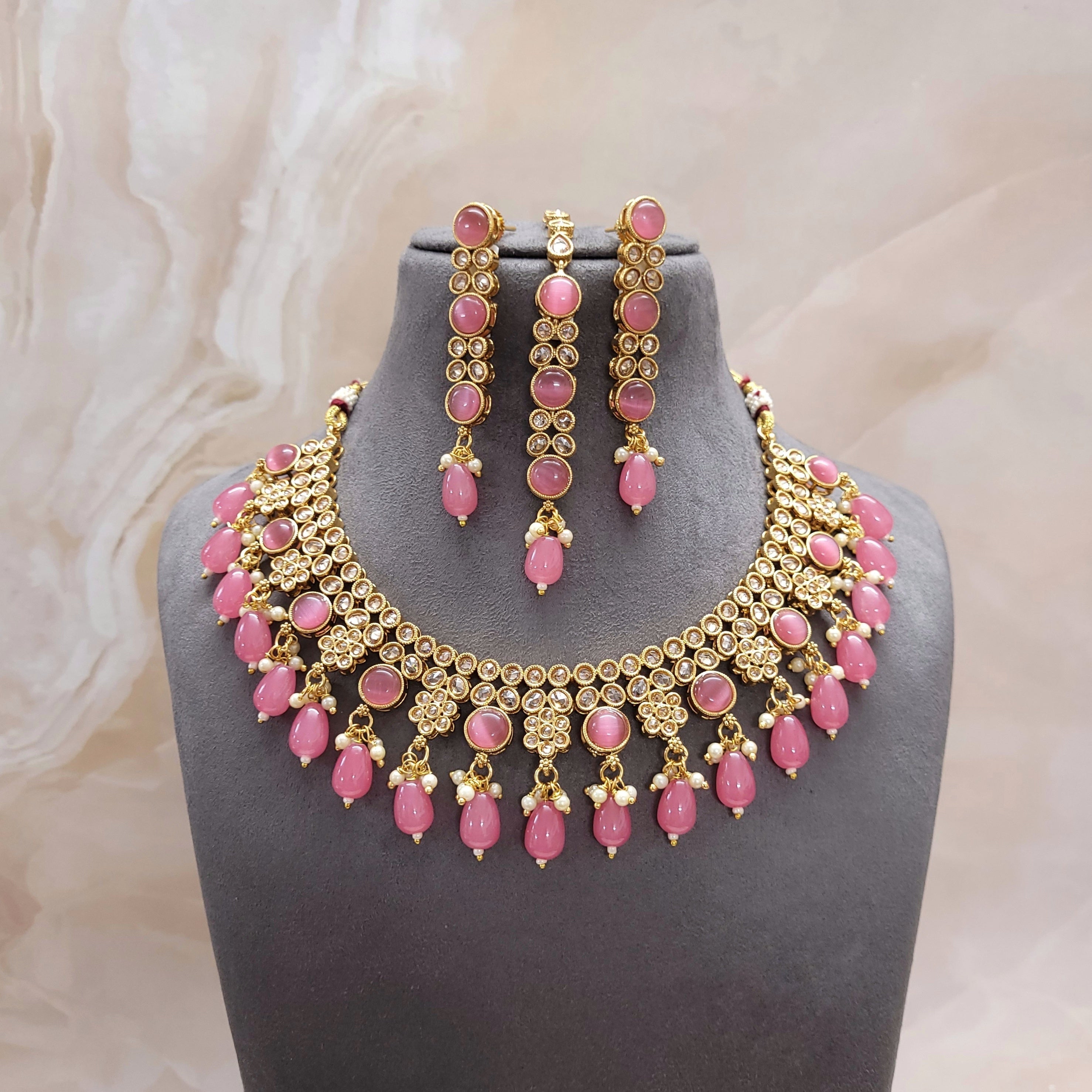 Indian CZ & Monalisa Stone Beaded Bridal Set/Festive Jewelry Set/Mint-Pink Colored Jewelry Set/Partywear Necklace Set/Weddings Necklace Set - Polki Bliss