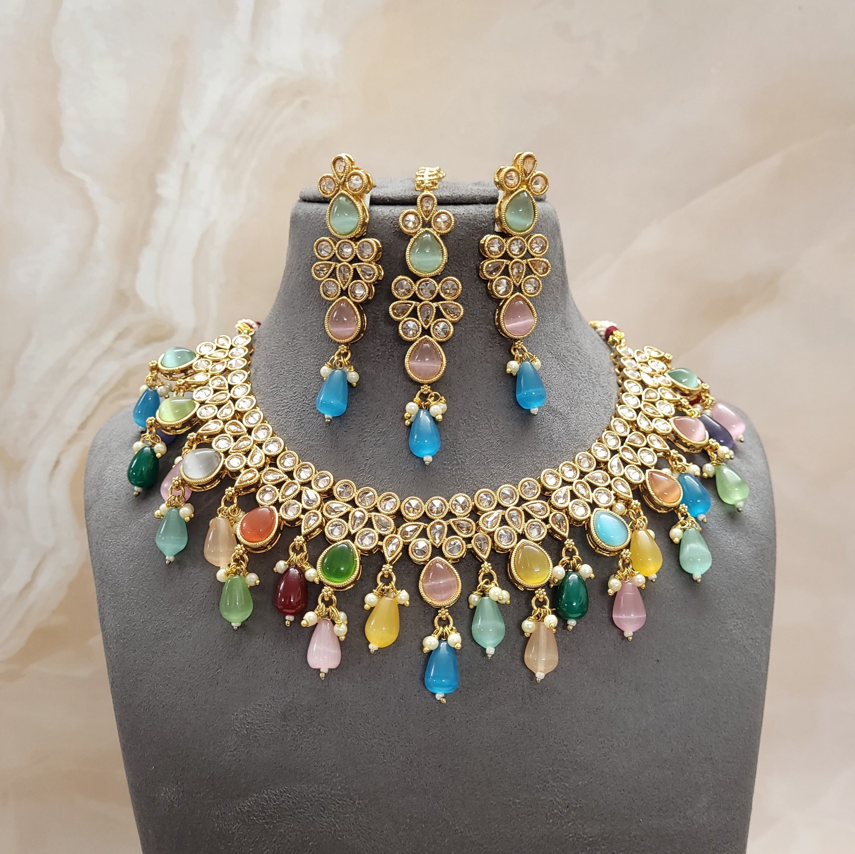 Indian CZ & Monalisa Stone Beaded Bridal JewelrySet/Festive Jewelry Set/Multicolored Jewelry Set/Partywear Necklace Set/Wedding Necklace Set - Polki Bliss