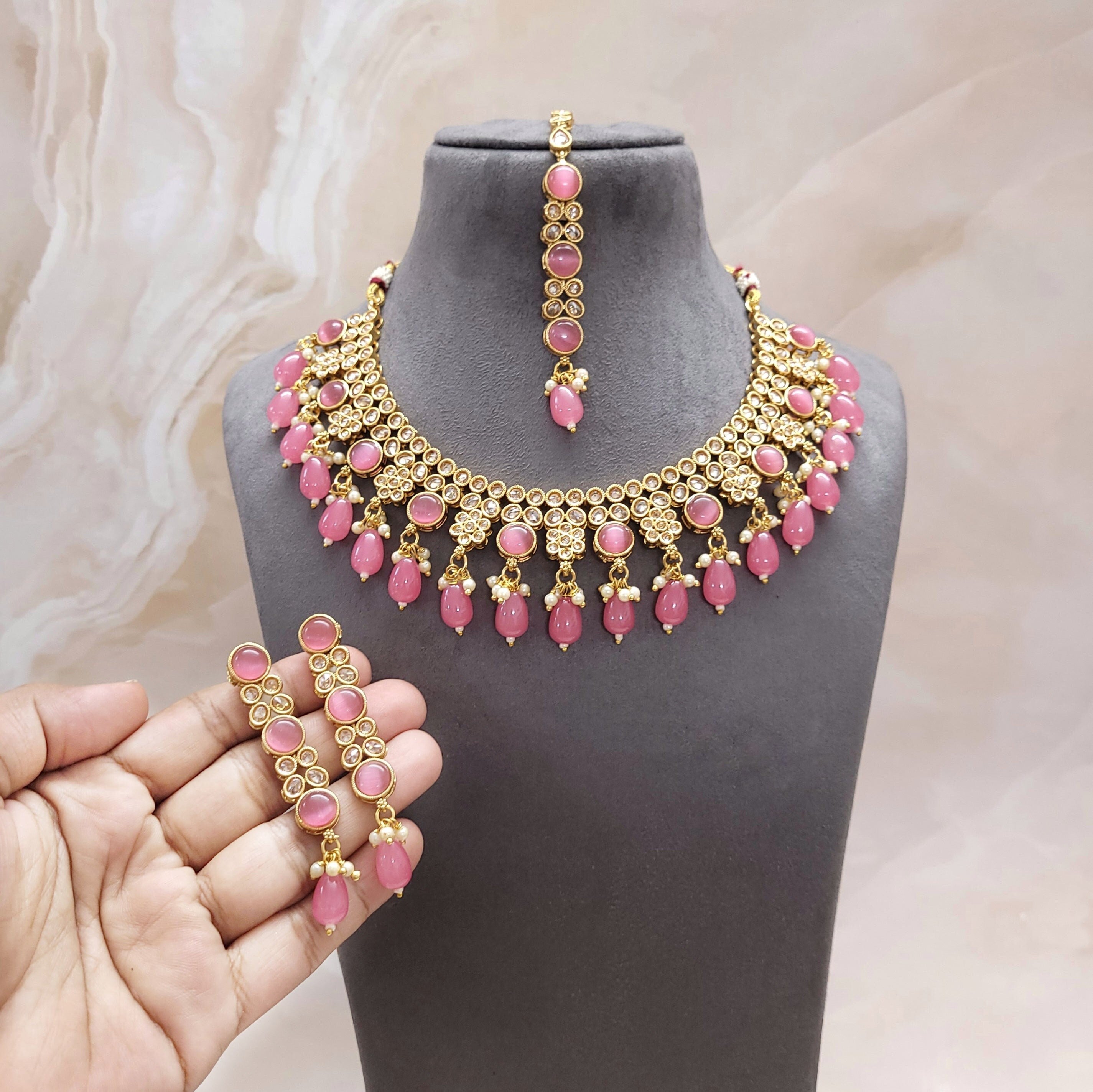 Indian CZ & Monalisa Stone Beaded Bridal Set/Festive Jewelry Set/Mint-Pink Colored Jewelry Set/Partywear Necklace Set/Weddings Necklace Set - Polki Bliss