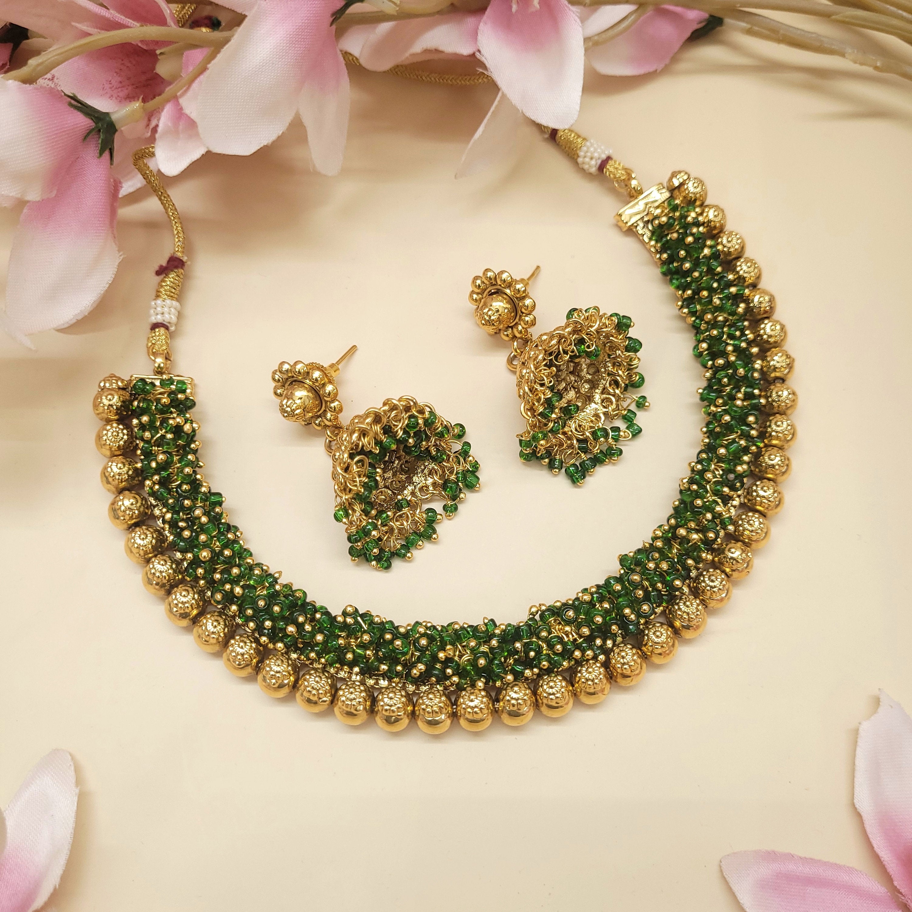 Cluster Necklace Set/Indian Jewelry Set/Jhumki Earrings Necklace Set/Gold/Pearl/Green/Red Necklace Set - Polki Bliss