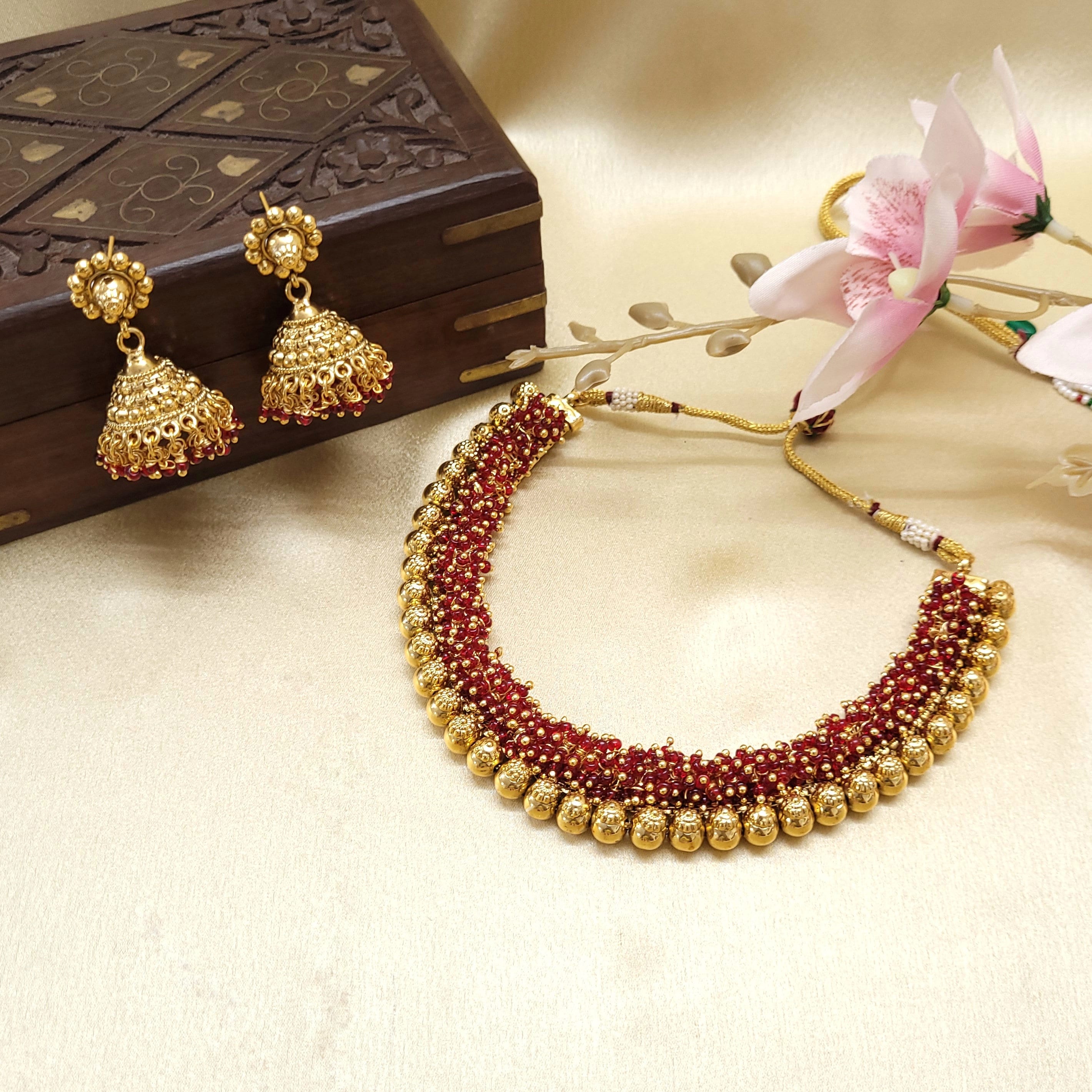 Cluster Necklace Set/Indian Jewelry Set/Jhumki Earrings Necklace Set/Gold/Pearl/Green/Red Necklace Set - Polki Bliss