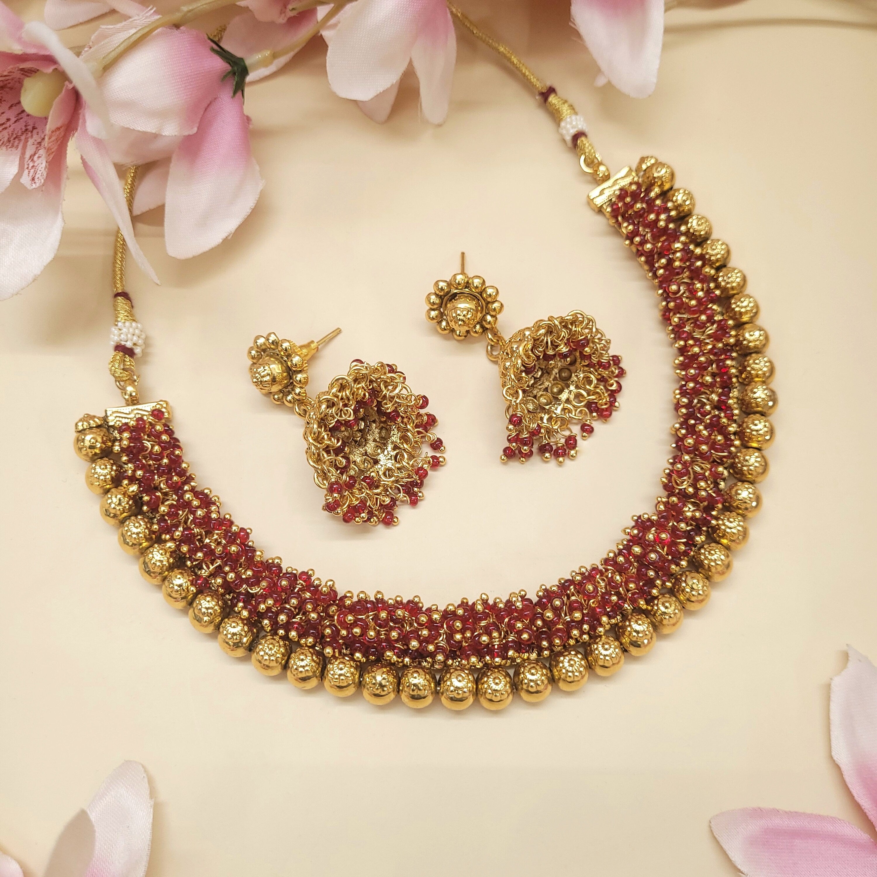 Cluster Necklace Set/Indian Jewelry Set/Jhumki Earrings Necklace Set/Gold/Pearl/Green/Red Necklace Set - Polki Bliss