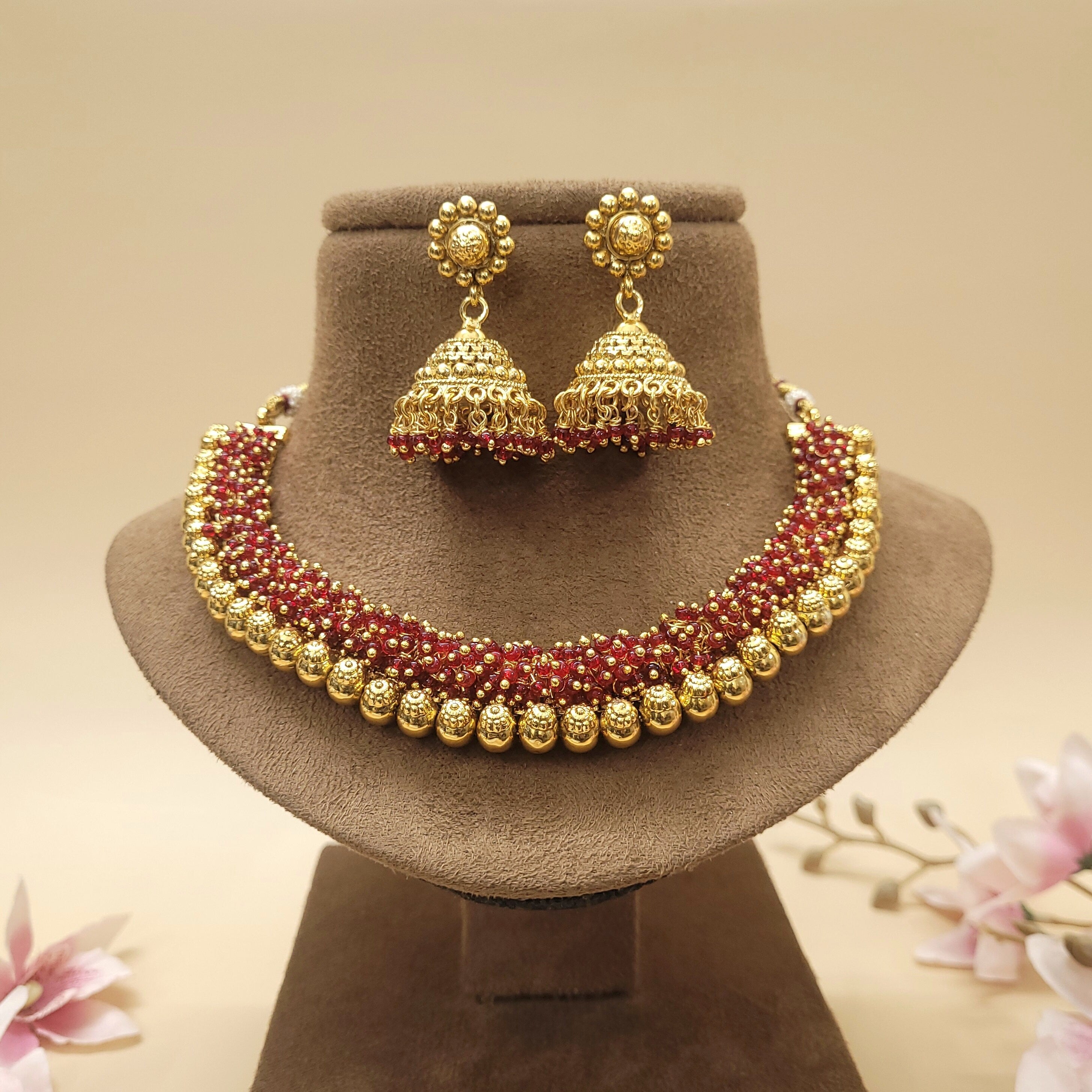 Cluster Necklace Set/Indian Jewelry Set/Jhumki Earrings Necklace Set/Gold/Pearl/Green/Red Necklace Set - Polki Bliss