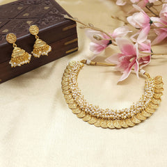 Indian Temple Jewelry - Gold Necklace with Jhumki Earrings