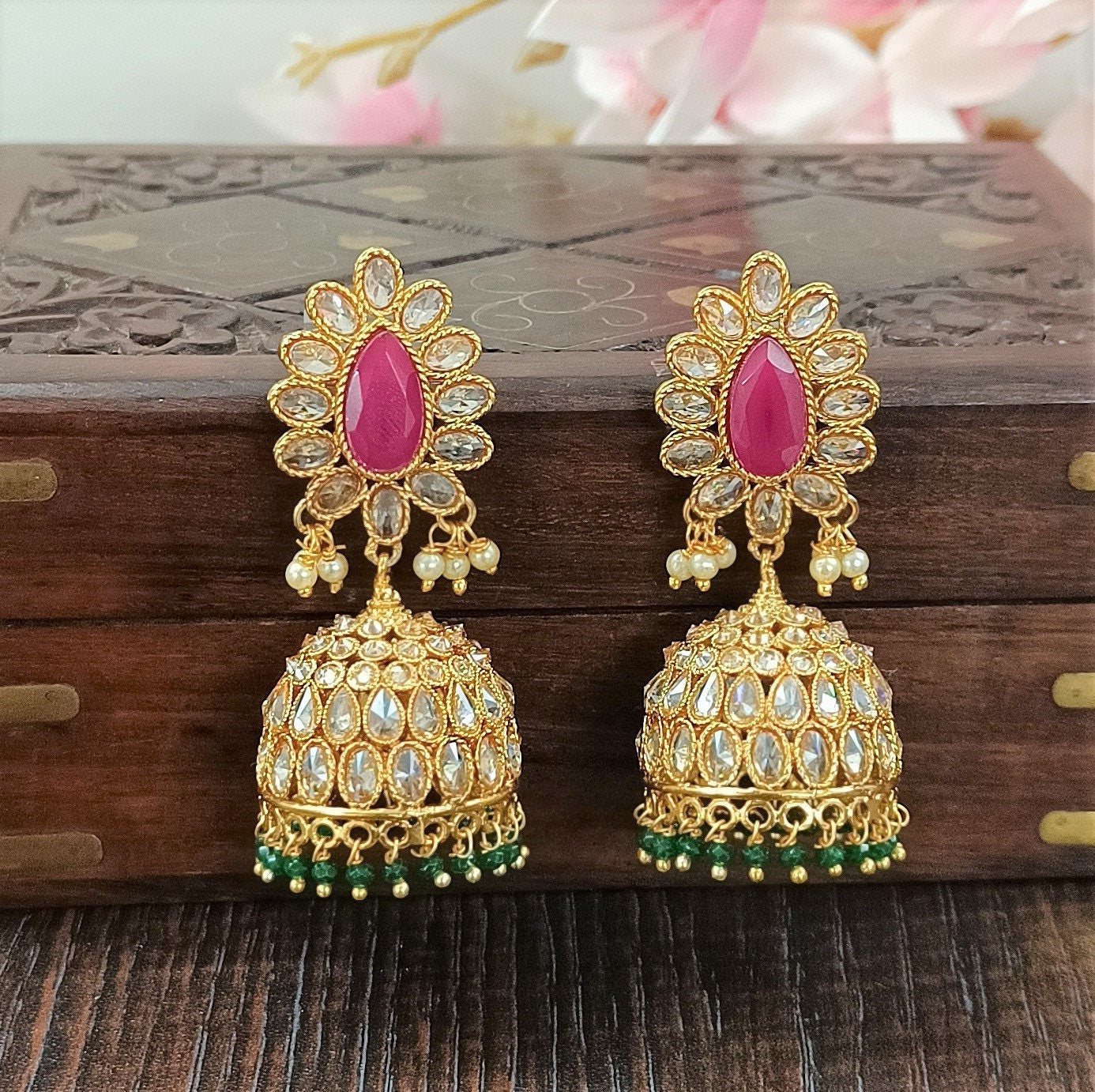 Indian CZ Jhumki/Gold Plated Polki Jhumki/Stone Jhumki/Indian Jewelry/Punjabi/Bridal Earring/Wedding Earrings - Polki Bliss