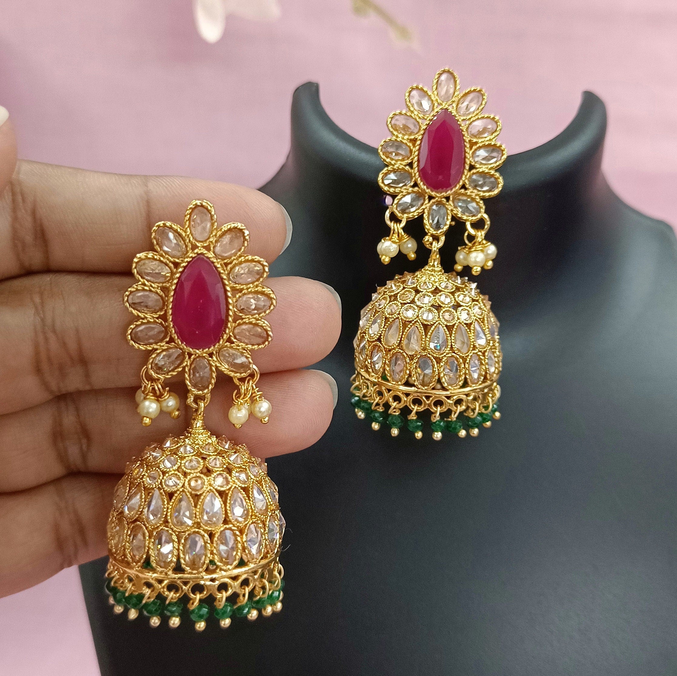 Indian CZ Jhumki/Gold Plated Polki Jhumki/Stone Jhumki/Indian Jewelry/Punjabi/Bridal Earring/Wedding Earrings - Polki Bliss