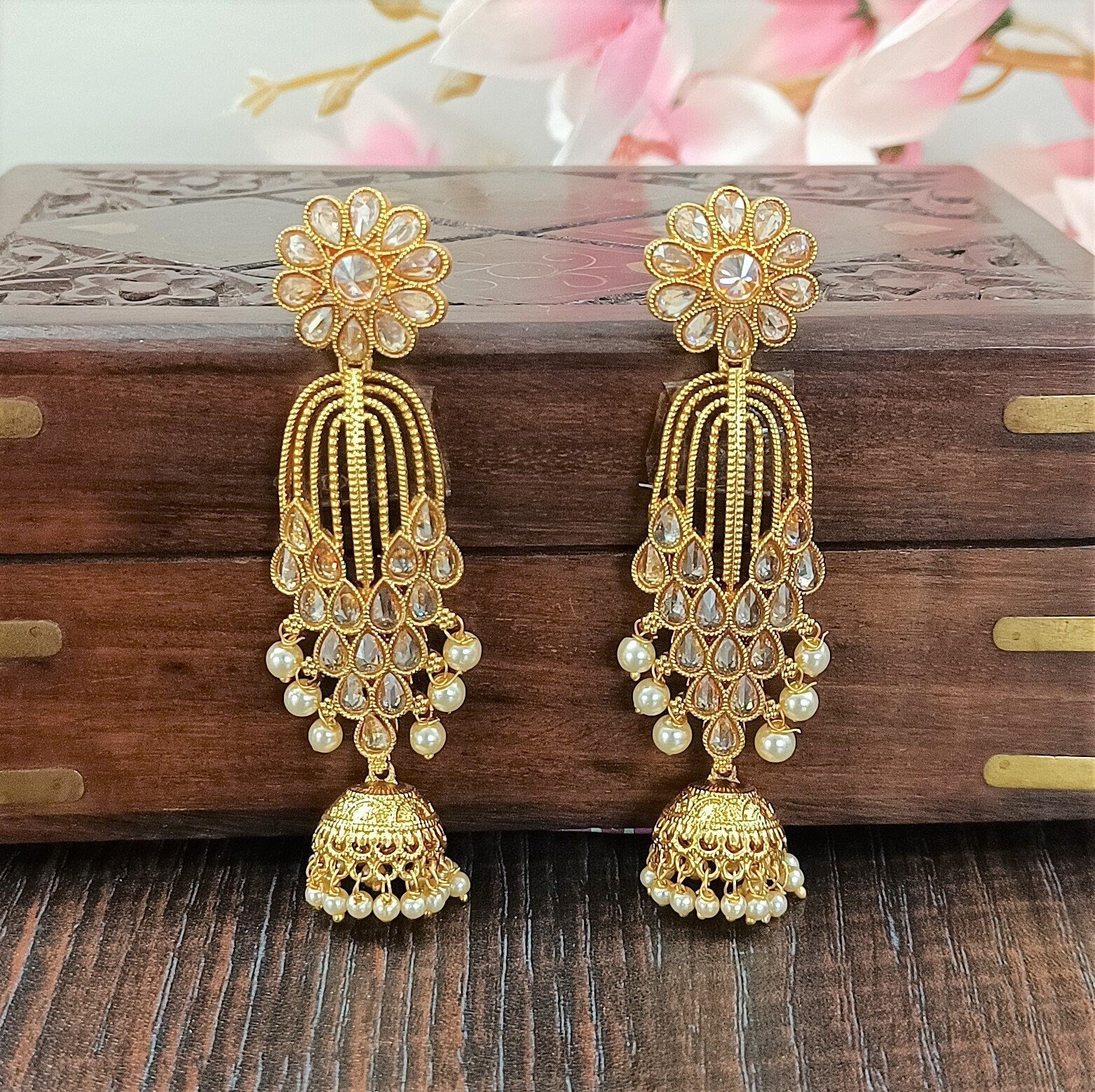 Indian CZ Jhumki/Gold Plated Polki Jhumki/Stone Jhumki/Indian Jewelry/Punjabi/Bridal Earring/Wedding Earrings - Polki Bliss