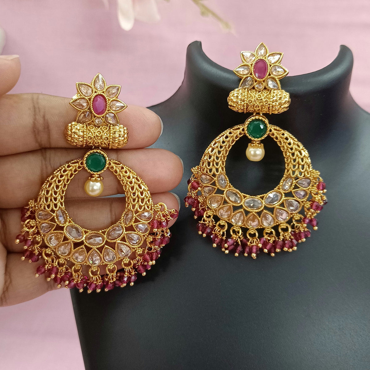 Indian CZ Earrrings/Gold Plated Polki Earrings/Stone Earrings/Indian Jewelry/Punjabi/Bridal Earring/Wedding Earrings - Polki Bliss