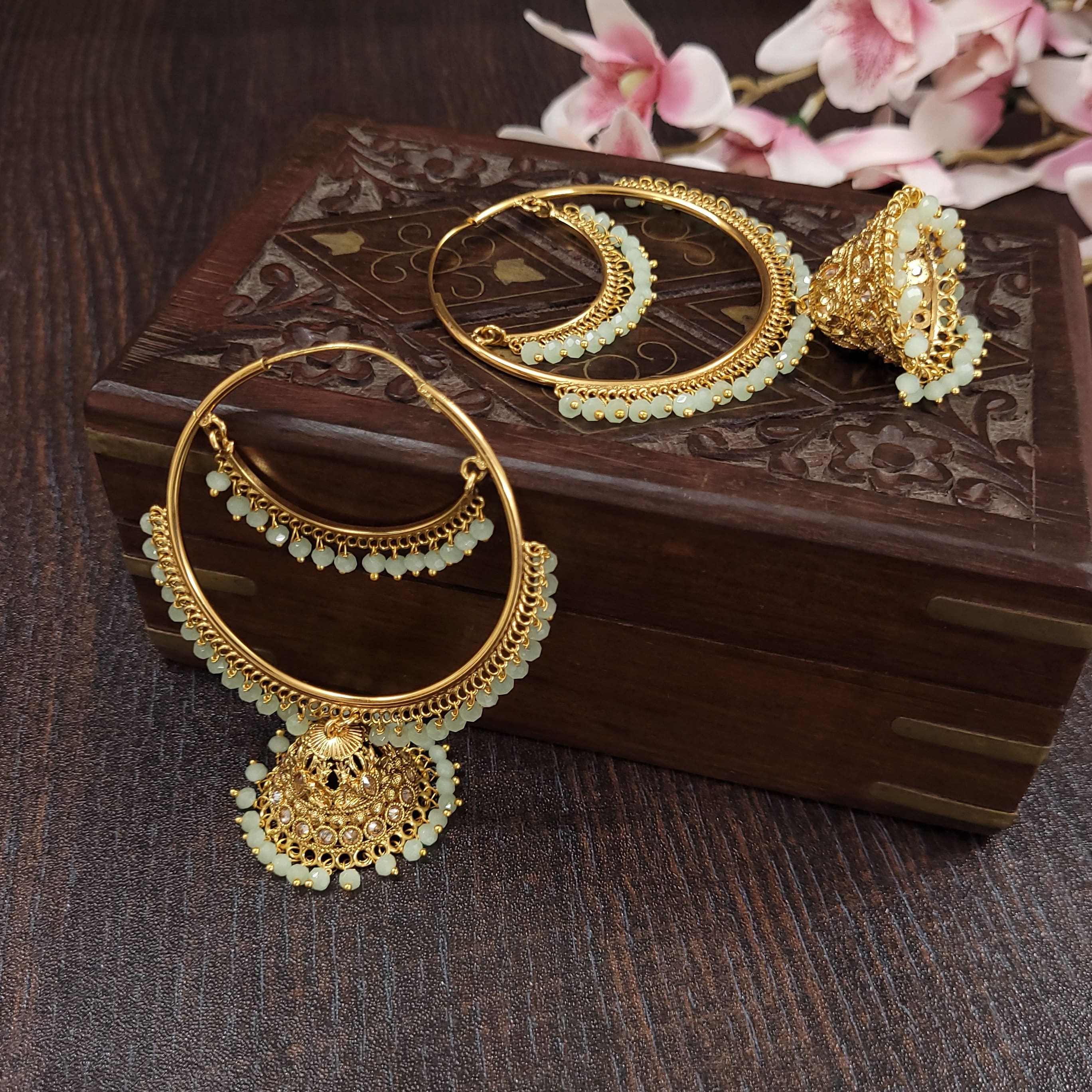 Gold Plated Antique Hoop Earrings/Gold Hoop Jhumka Earrings/Kundan Chandbali Jhumkas/Punjabi Earrings/Indian Earrings/Mint/Peach - Polki Bliss