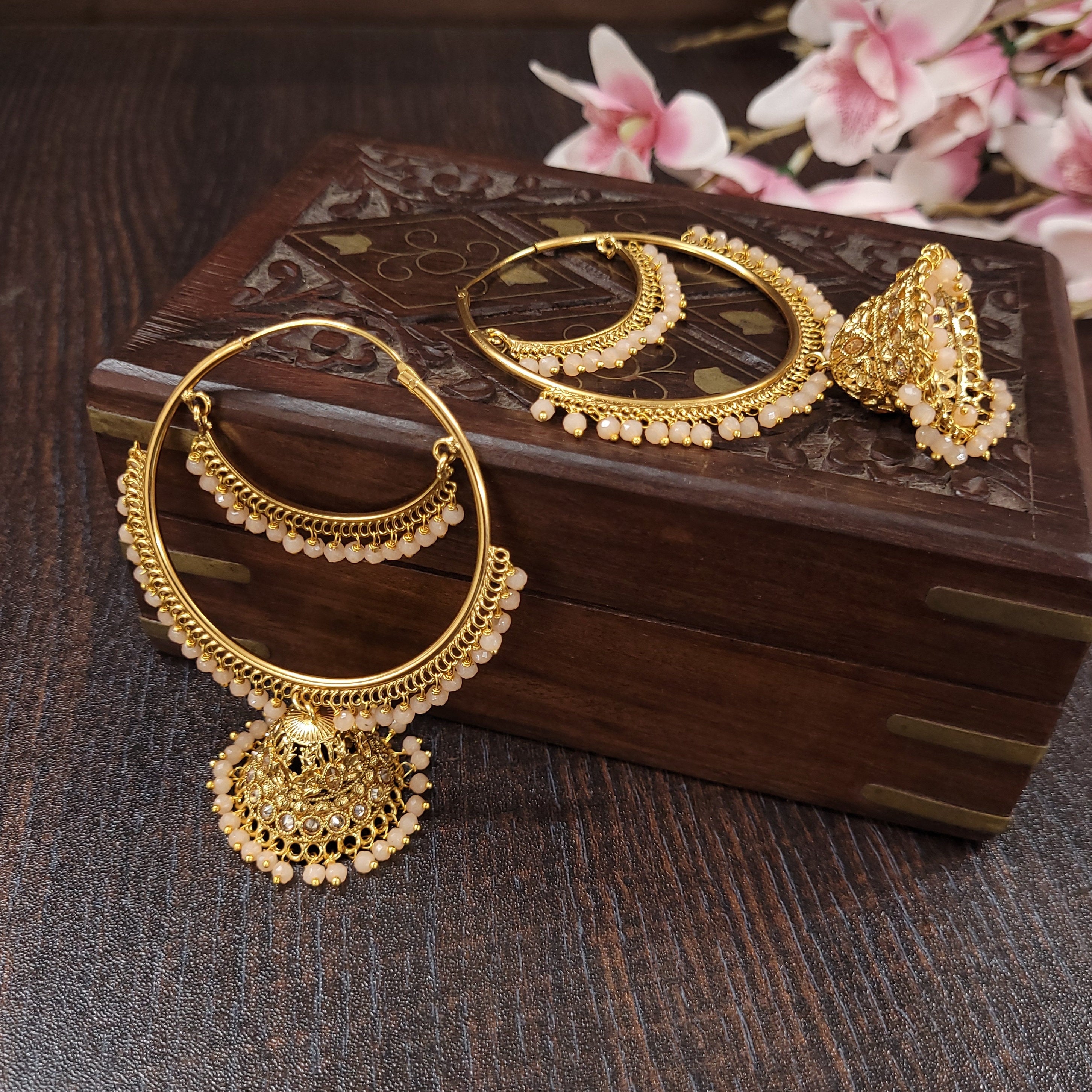 Gold Plated Antique Hoop Earrings/Gold Hoop Jhumka Earrings/Kundan Chandbali Jhumkas/Punjabi Earrings/Indian Earrings/Mint/Peach - Polki Bliss